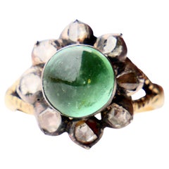 Antique Ring 3ct Tourmaline 2ct Diamonds solid Green 14K Gold Silver Ø 8US / 7g 