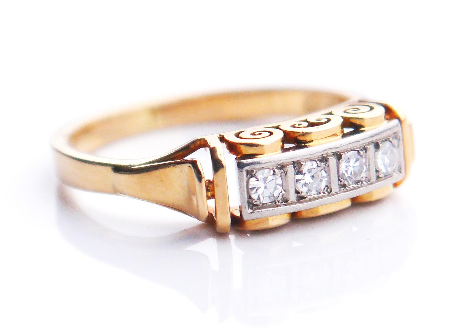 A Ring featuring four natural diamond cut Diamonds mounted in 18K White Gold or Platinum clusters on solid 18K Yellow Gold band. 

This ring has 750 and Swedish Customs / import hallmarks, European, made in ca.1930s - 1950s. 

Crown is 14 mm x 5 mm