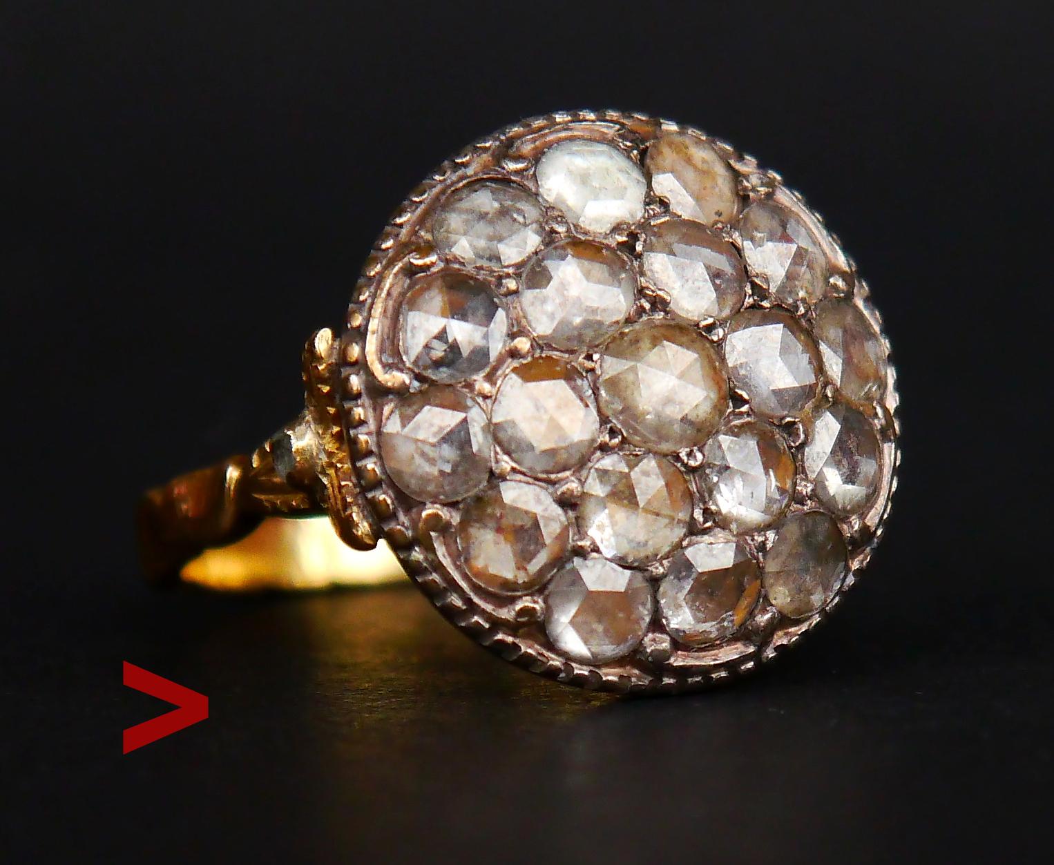 Old 18th - 19th cent. sparkling beauty with dome of the crown in Silver on 18K Yellow Gold holding 19 rose cut Diamonds. Largest stone in the center is Ø 4.5mm / 0. 4ct , 18 around it are Ø 4 mm / 0.25ct each . Total weight of the stones involved is