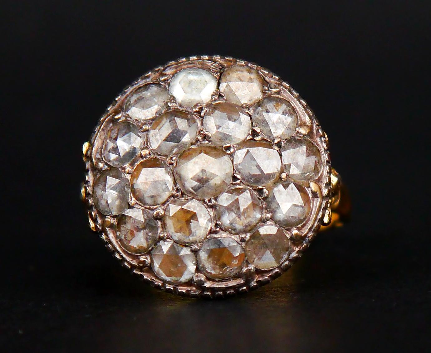 Antiker Ring 5ctw Diamanten massiv 18K Gelbgold Silber Ø 8.25 US/8.8gr (Belle Époque) im Angebot