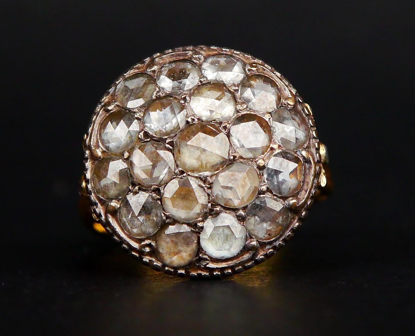 Rose Cut Antique Ring 5ctw Diamonds solid 18K Yellow Gold Silver Ø 8.25 US/8.8gr For Sale