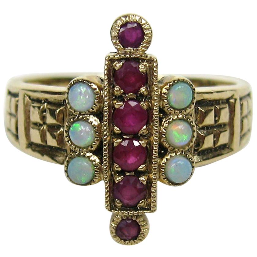 Antique Ring 9CT English Gold Red Ruby & Opal 
