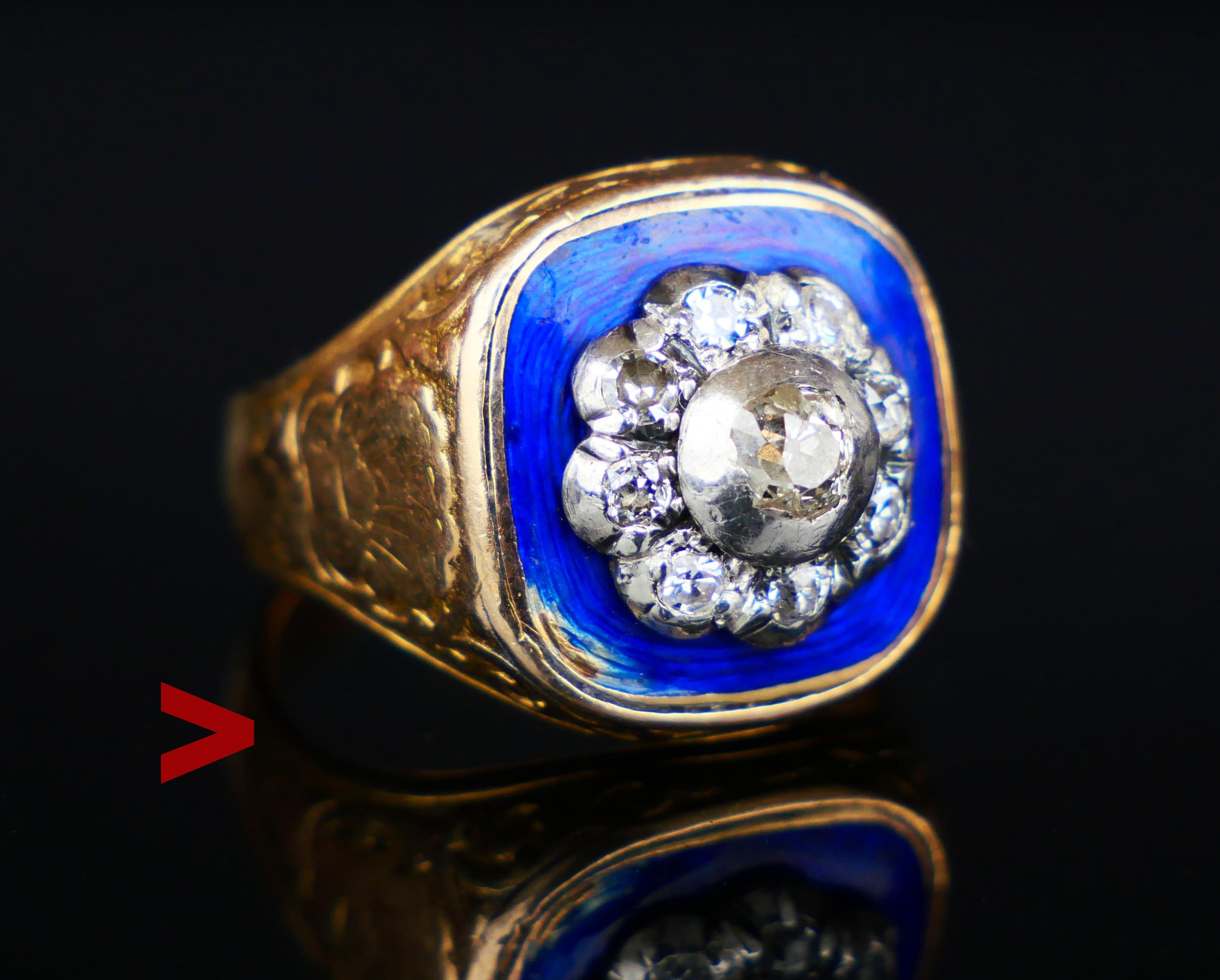 Very likely French Ring, a variety of Bague au Firmamen late 18th. -early 19th. cent. 
From 1775, jewelry with blue enamel backgrounds became popular in Europe, especially in England and France. In France this Blue and diamond jewellery type was