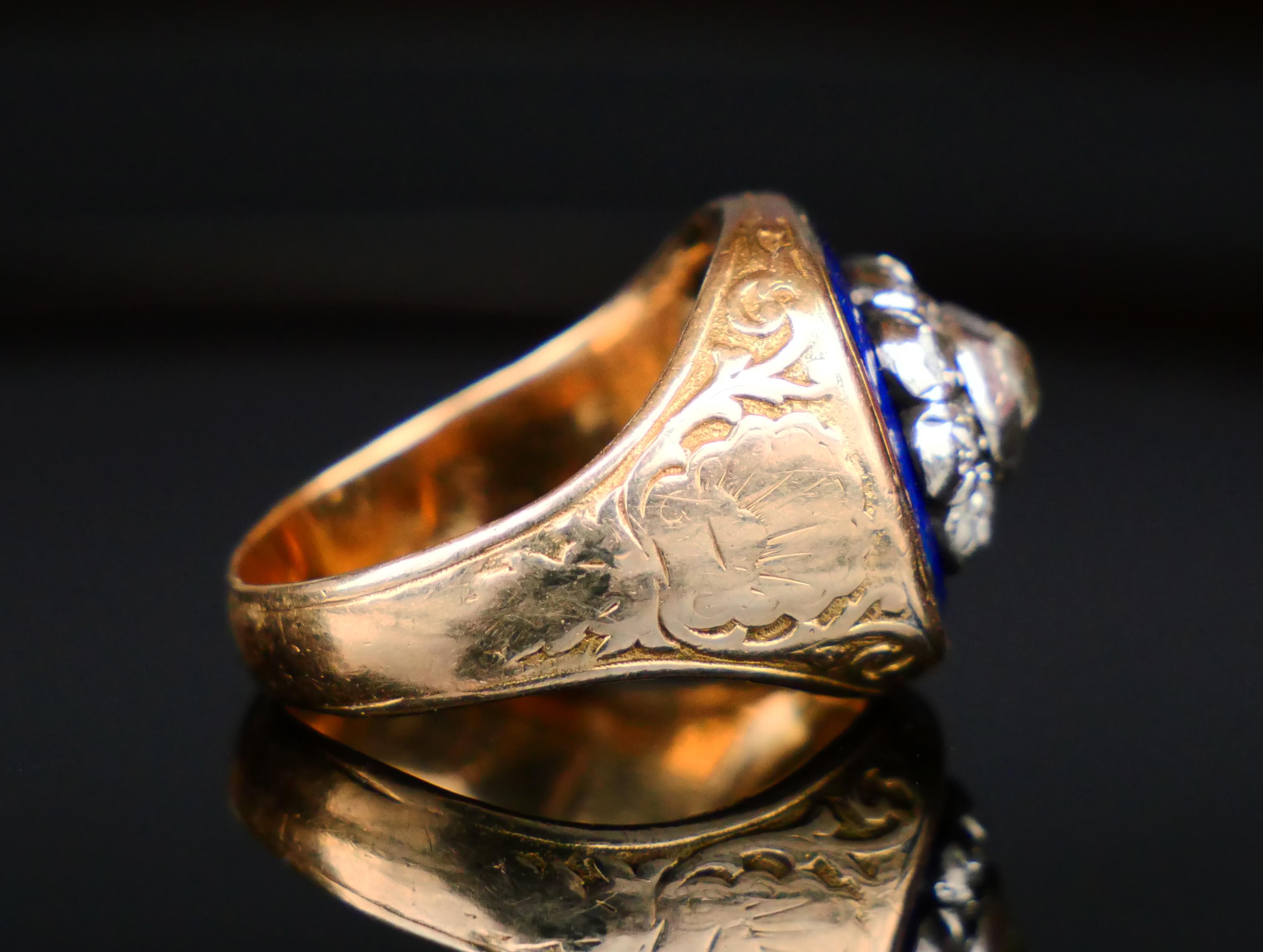 Old European Cut Antique Ring Bague au Firmament Diamonds Enamel 18K Gold Ø6.75 US / 11.5 gr For Sale