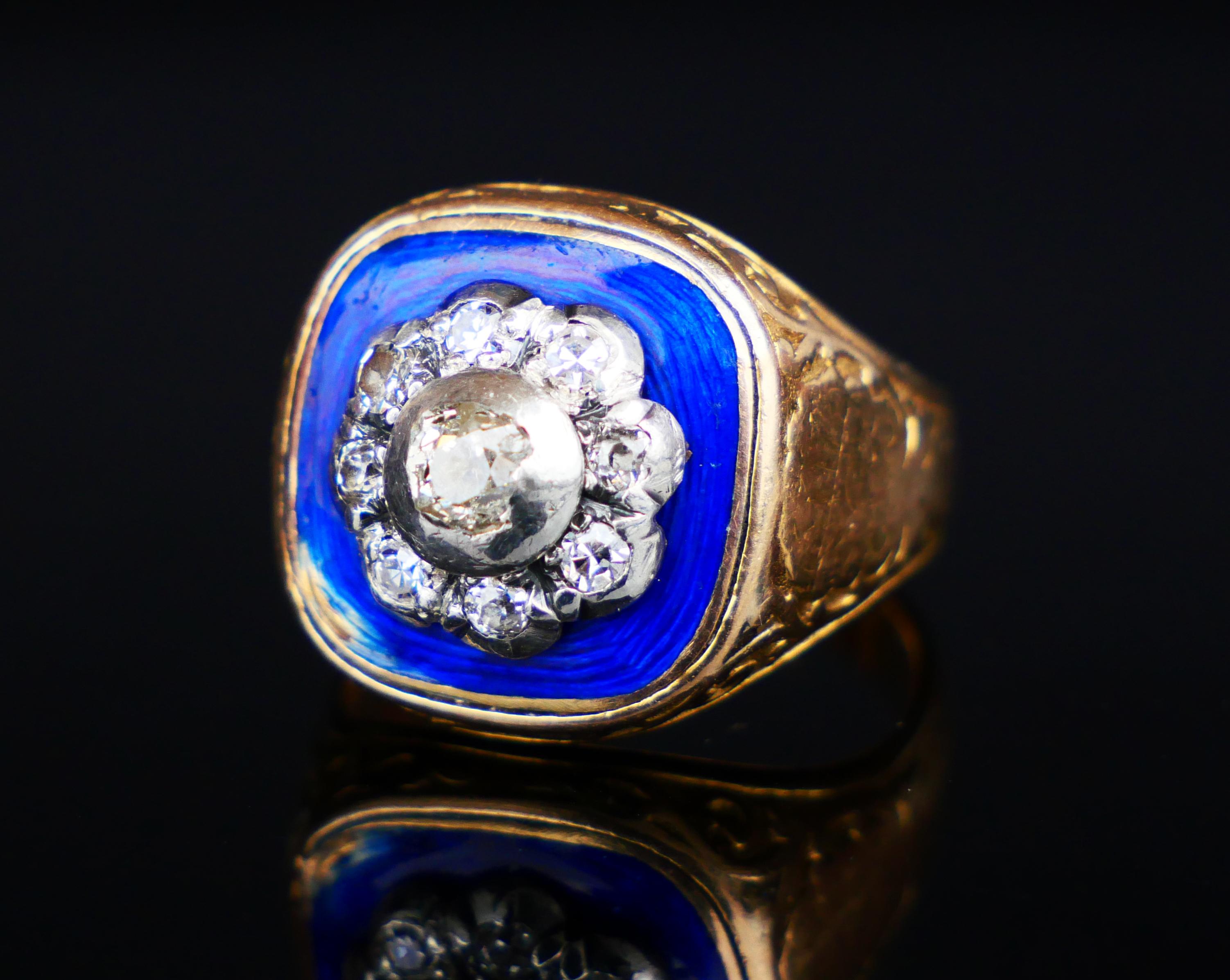Women's Antique Ring Bague au Firmament Diamonds Enamel 18K Gold Ø6.75 US / 11.5 gr For Sale