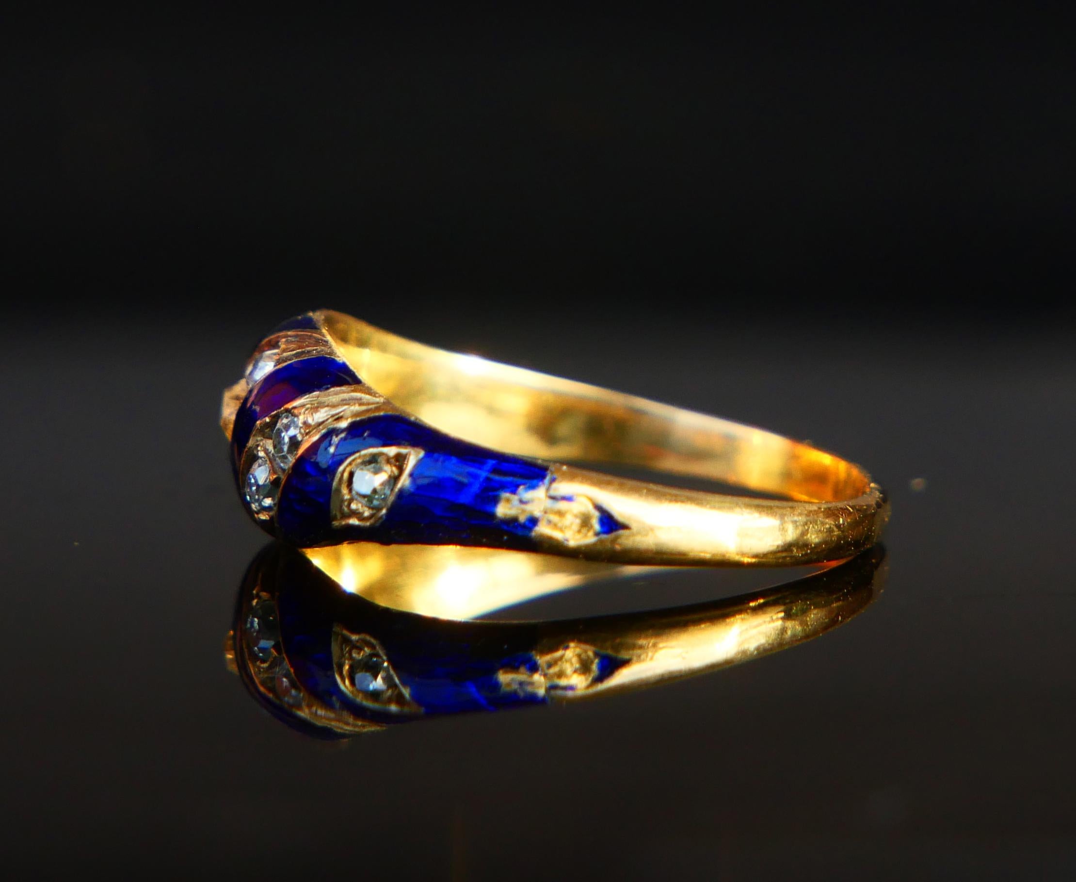 Antique Ring Blue Ribbon 0.7ctw Diamonds Enamel 18K solid Gold ØUS6.5 /2.74gr For Sale 7