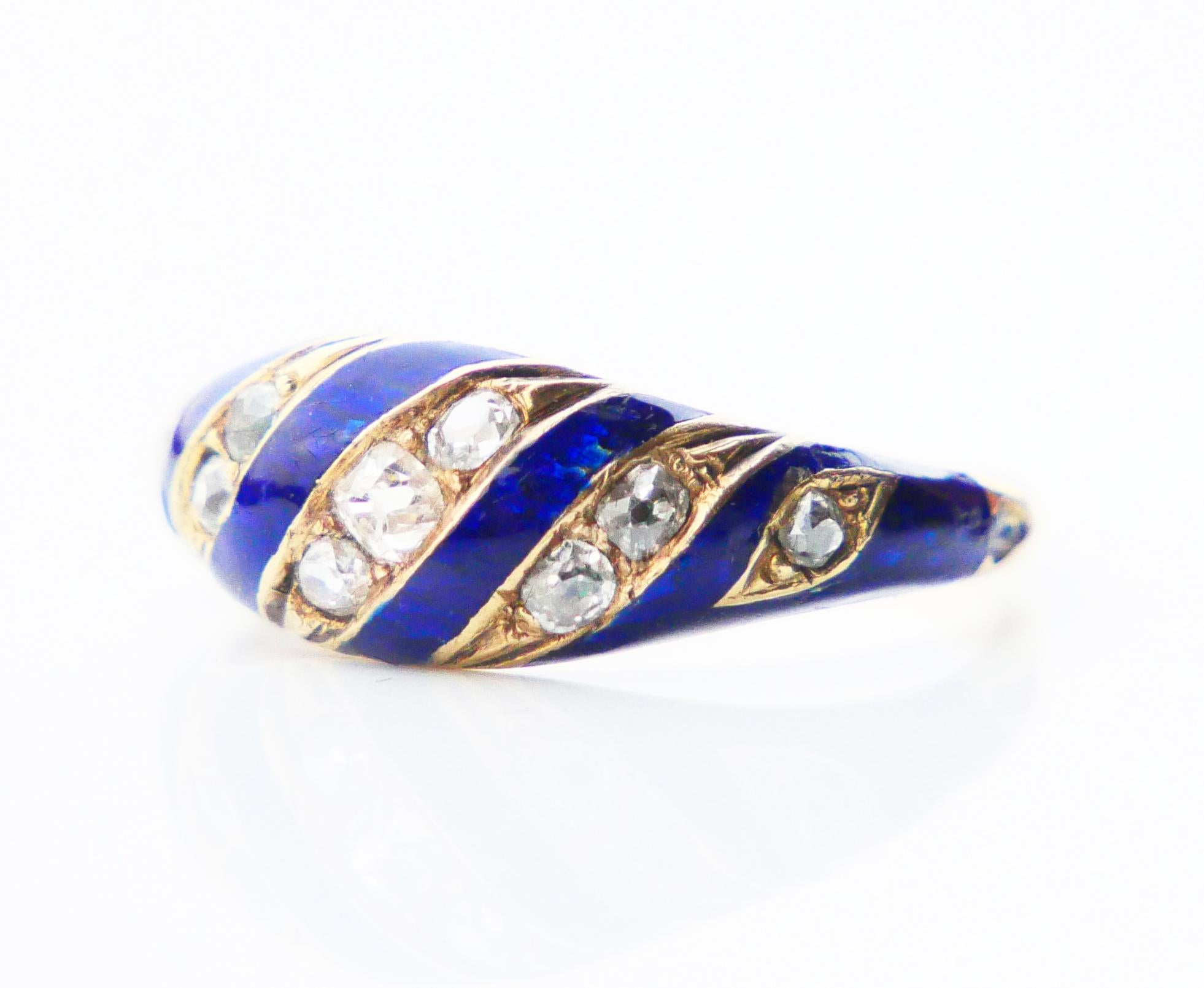 Art Deco Antique Ring Blue Ribbon 0.7ctw Diamonds Enamel 18K solid Gold ØUS6.5 /2.74gr For Sale