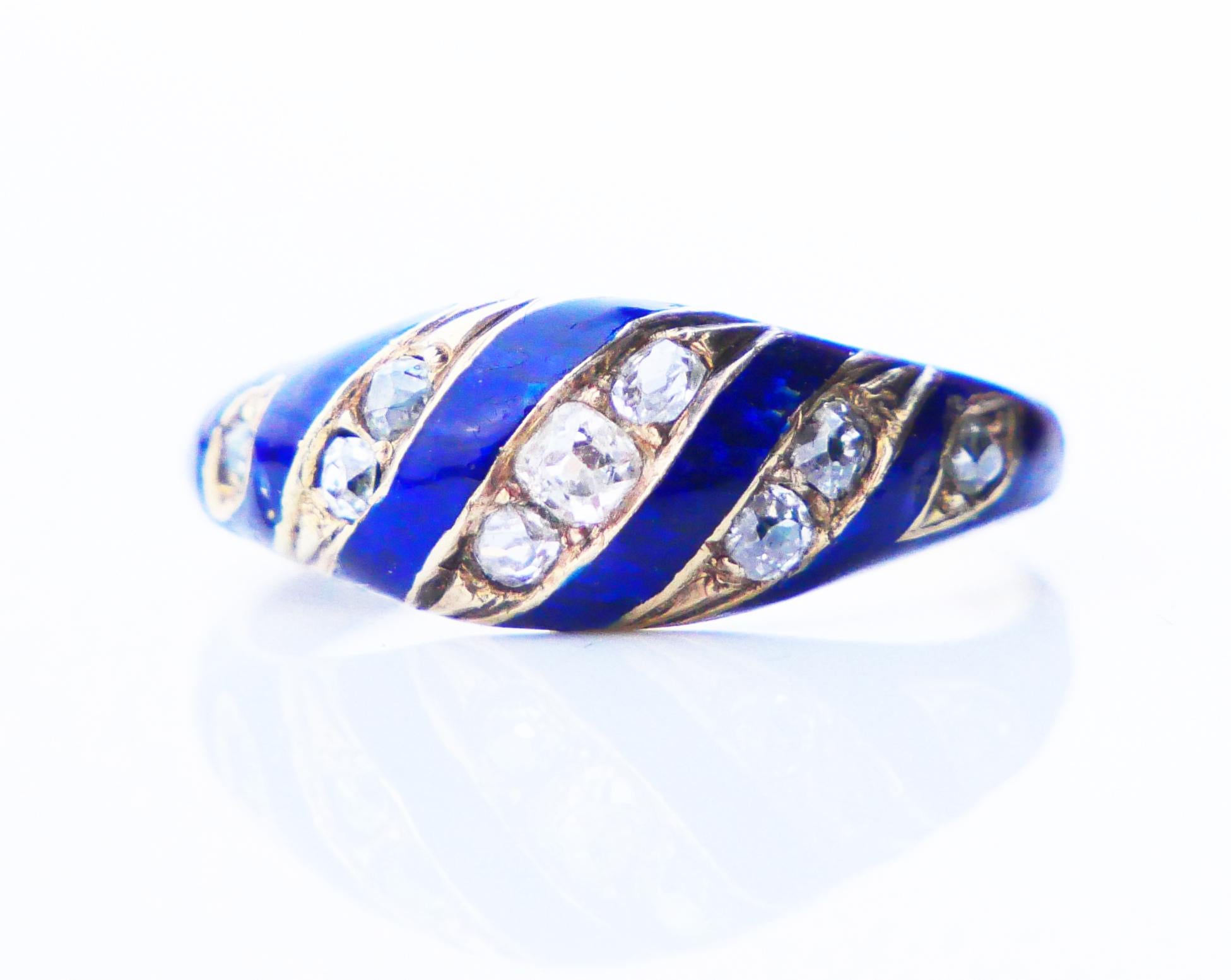 Old European Cut Antique Ring Blue Ribbon 0.7ctw Diamonds Enamel 18K solid Gold ØUS6.5 /2.74gr For Sale