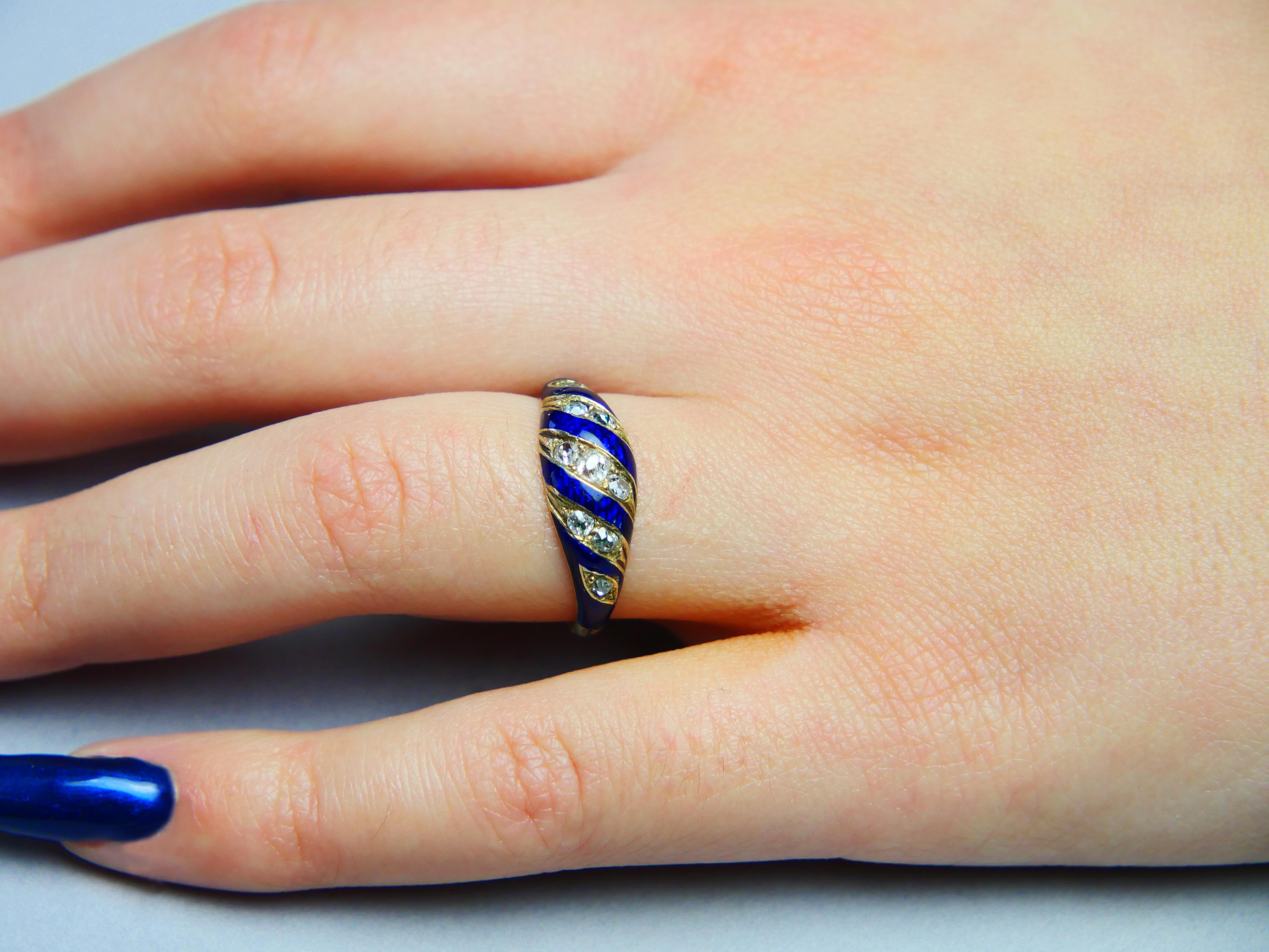 Antiker Ring Blaues Band 0.7ctw Diamanten Emaille 18K massiv Gold ØUS6.5 /2.74gr im Angebot 2