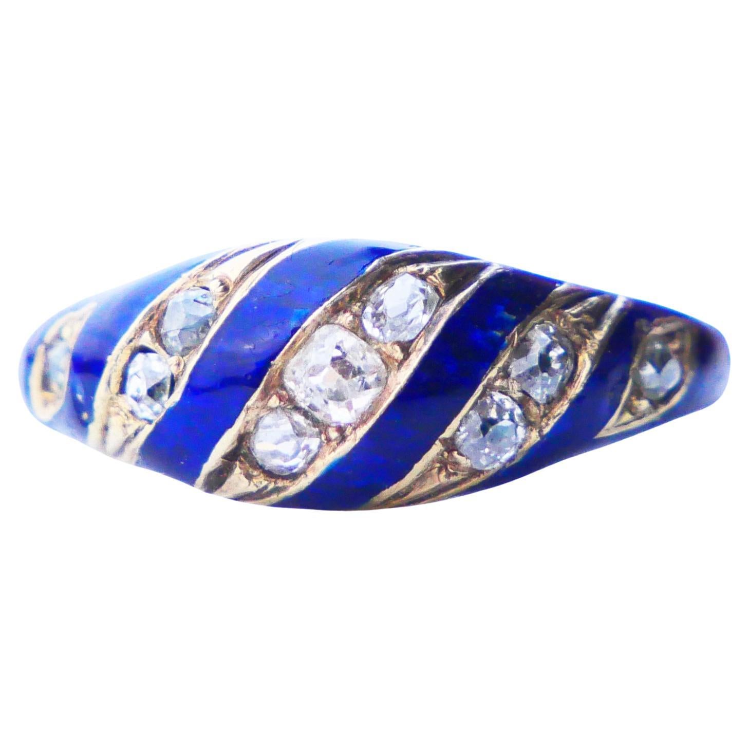 Antiker Ring Blaues Band 0.7ctw Diamanten Emaille 18K massiv Gold ØUS6.5 /2.74gr im Angebot