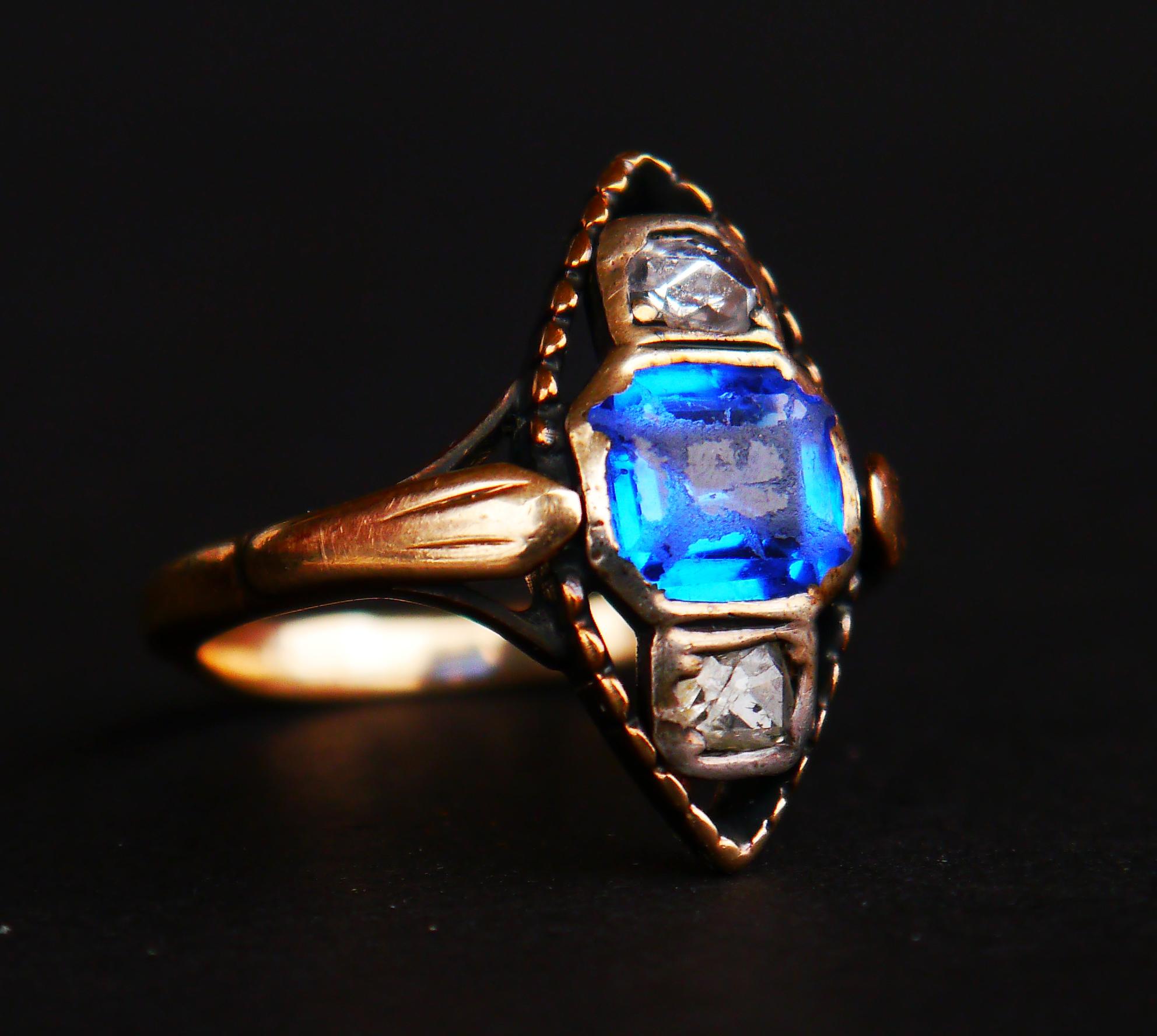 Antique Ring Blue Spinel 0.5ctw Diamonds solid 14K Gold Ø 8US / 5.7gr For Sale 6