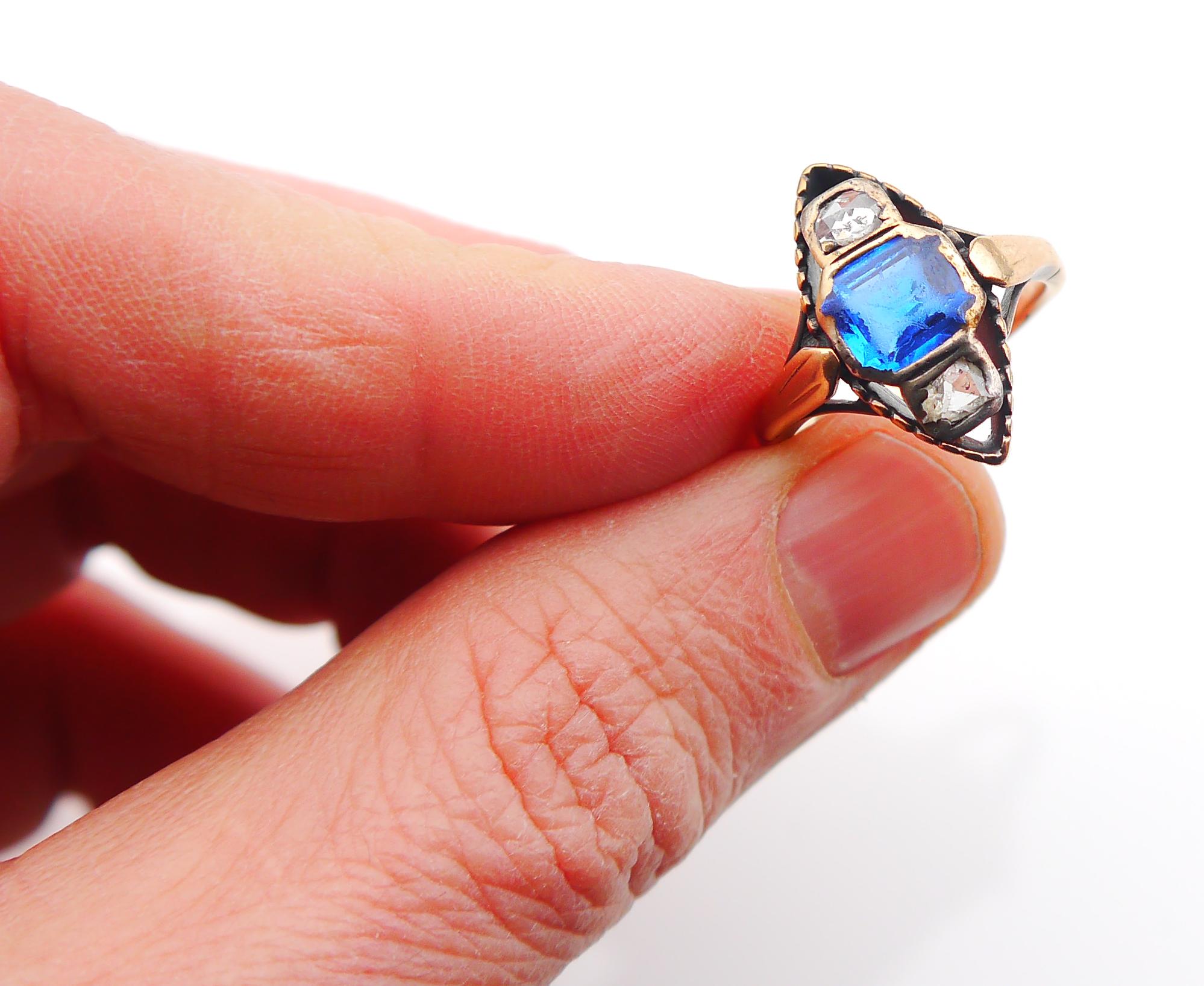Antique Ring Blue Spinel 0.5ctw Diamonds solid 14K Gold Ø 8US / 5.7gr For Sale 8