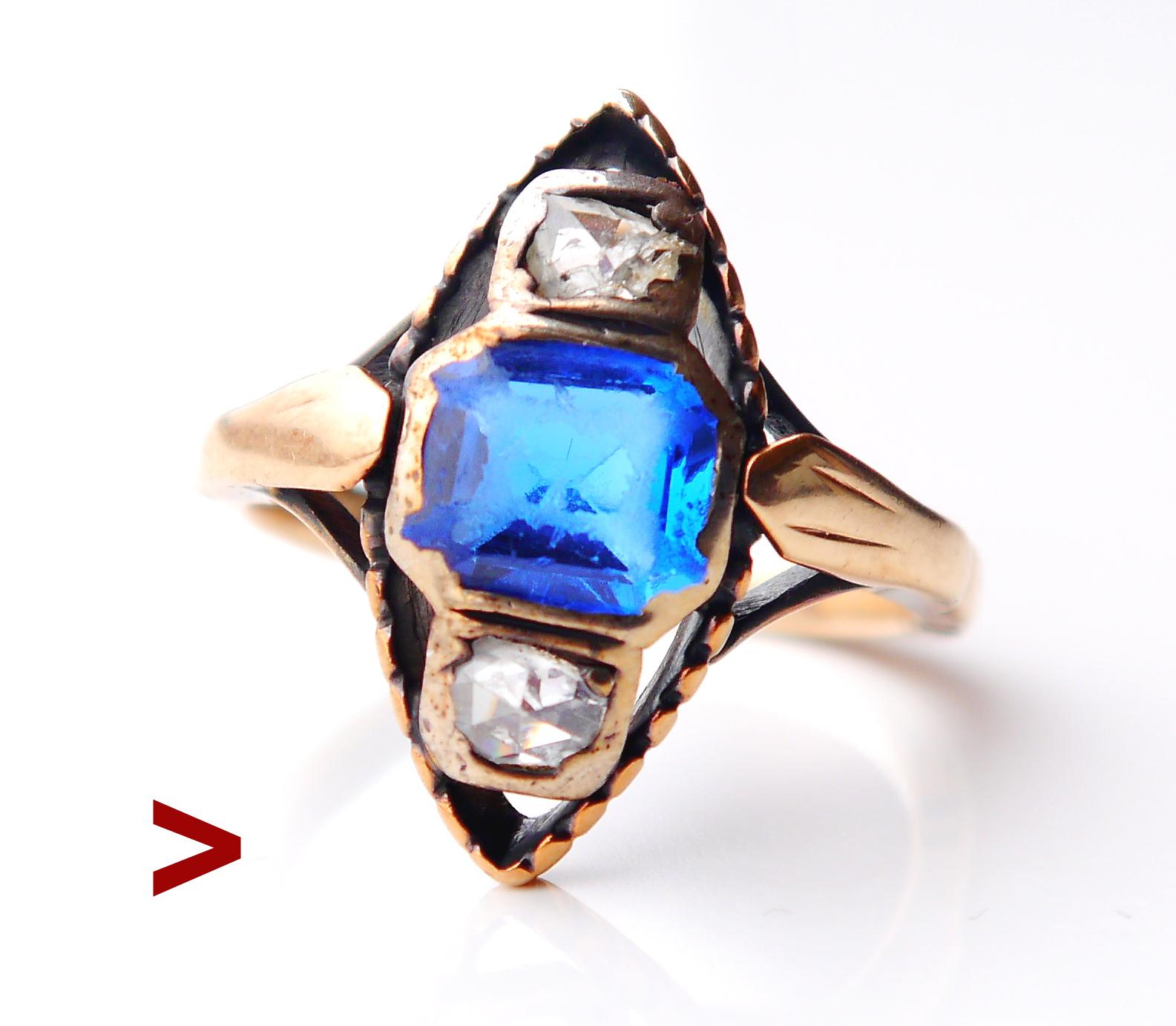 Beautiful antique Blue Eye - Ring hand - made in Europe ca. late XIX - early XX cent.

Not hallmarked. Crown is composite / with clusters in Silver and solid 14K Yellow Gold band (tested).

Eye - crown with settings measures 21 mm x 10 mm x 5 mm