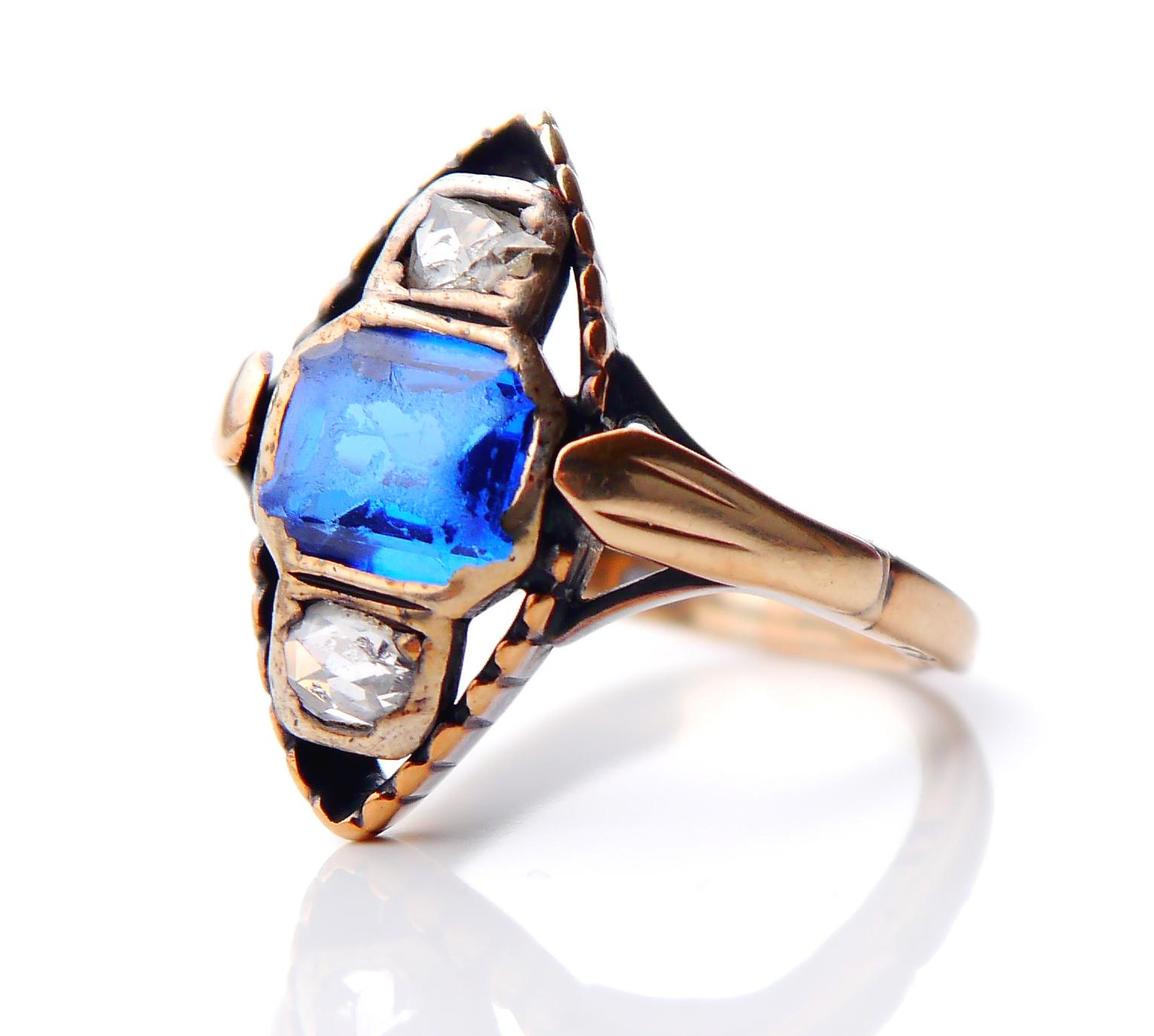 Art Nouveau Antique Ring Blue Spinel 0.5ctw Diamonds solid 14K Gold Ø 8US / 5.7gr For Sale