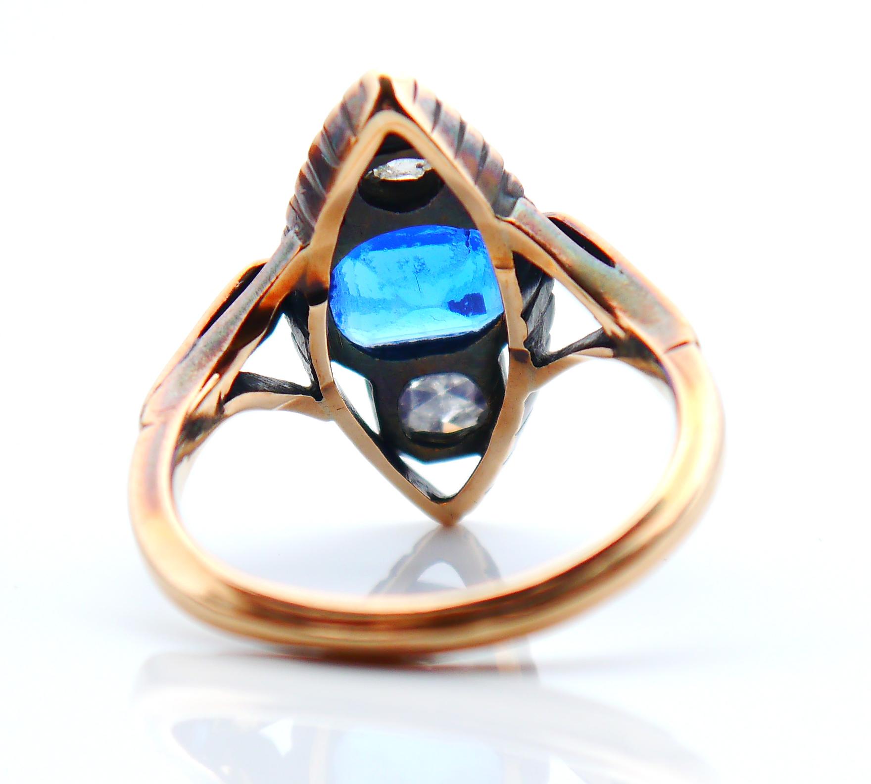 Cushion Cut Antique Ring Blue Spinel 0.5ctw Diamonds solid 14K Gold Ø 8US / 5.7gr For Sale