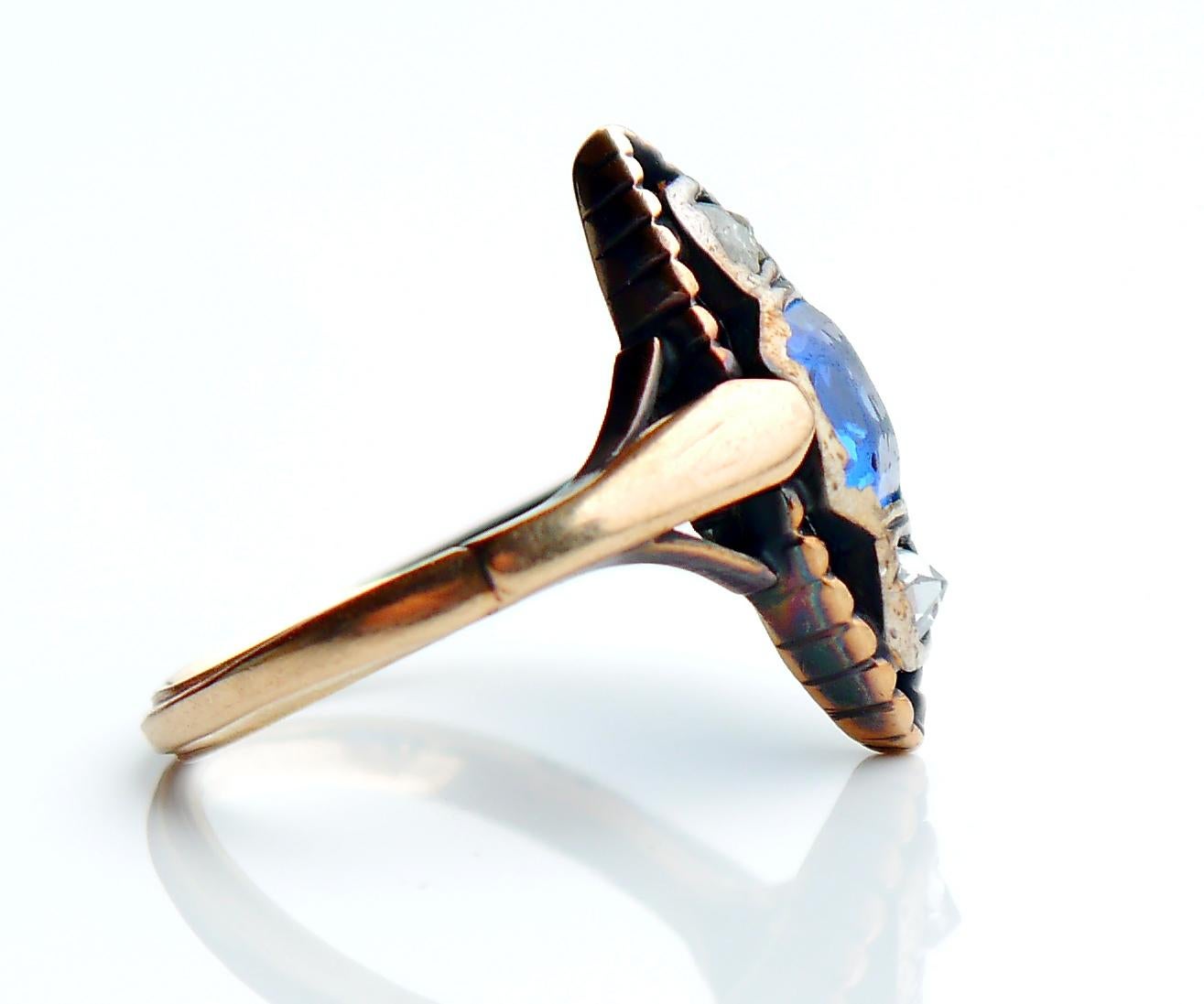 Antique Ring Blue Spinel 0.5ctw Diamonds solid 14K Gold Ø 8US / 5.7gr For Sale 1