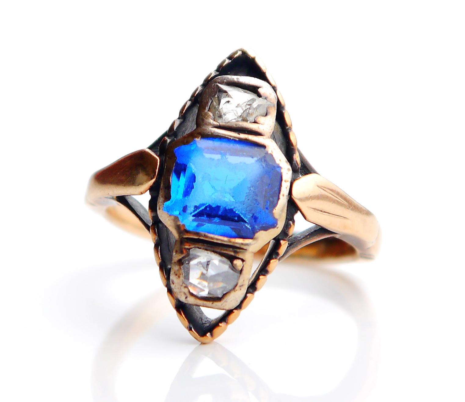 Antique Ring Blue Spinel 0.5ctw Diamonds solid 14K Gold Ø 8US / 5.7gr For Sale 2
