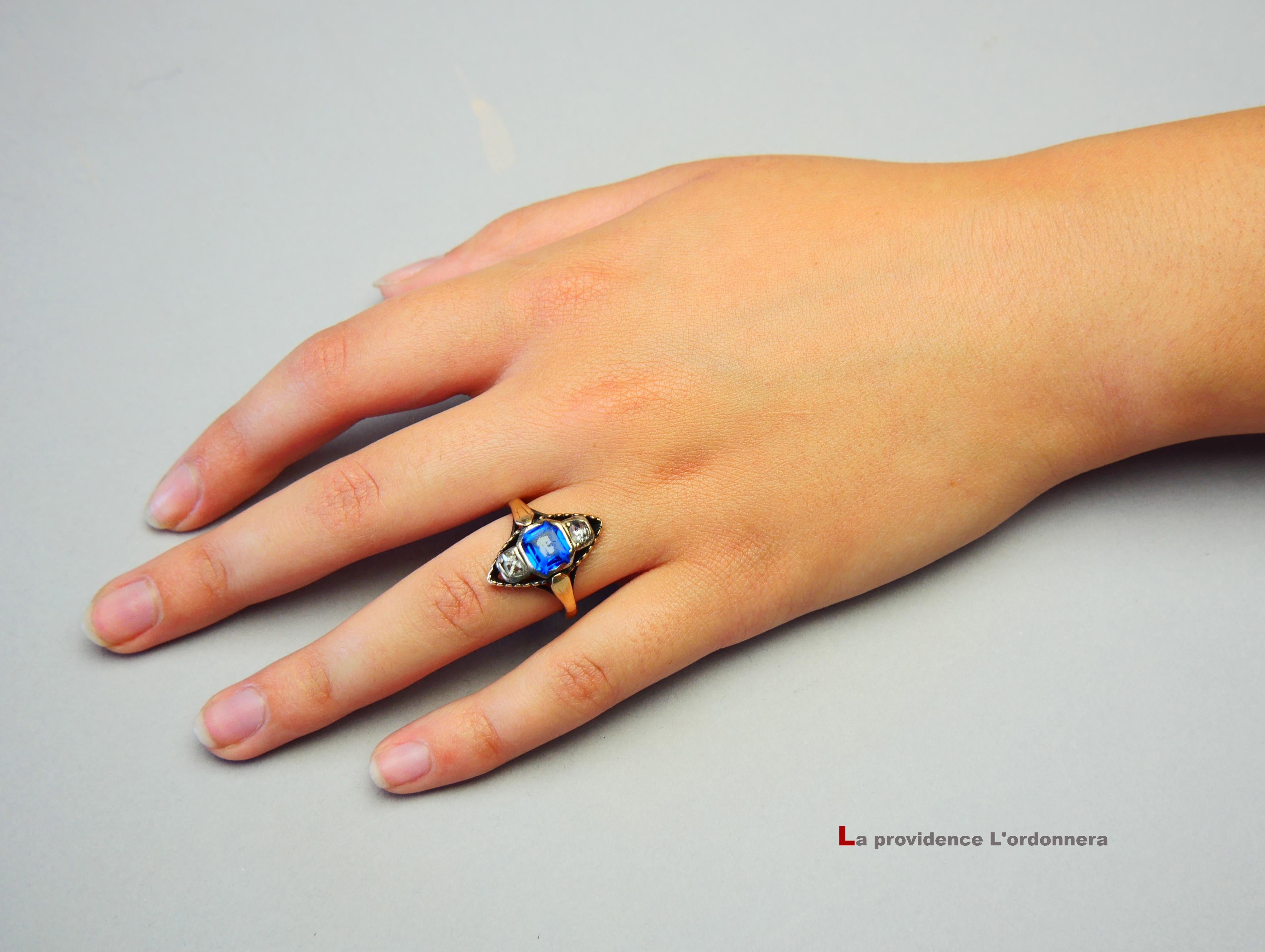 Antique Ring Blue Spinel 0.5ctw Diamonds solid 14K Gold Ø 8US / 5.7gr For Sale 4