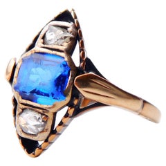 Antiker Ring Blauer Spinell 0.5ctw Diamanten massiv 14K Gold Ø 8US / 5.7gr