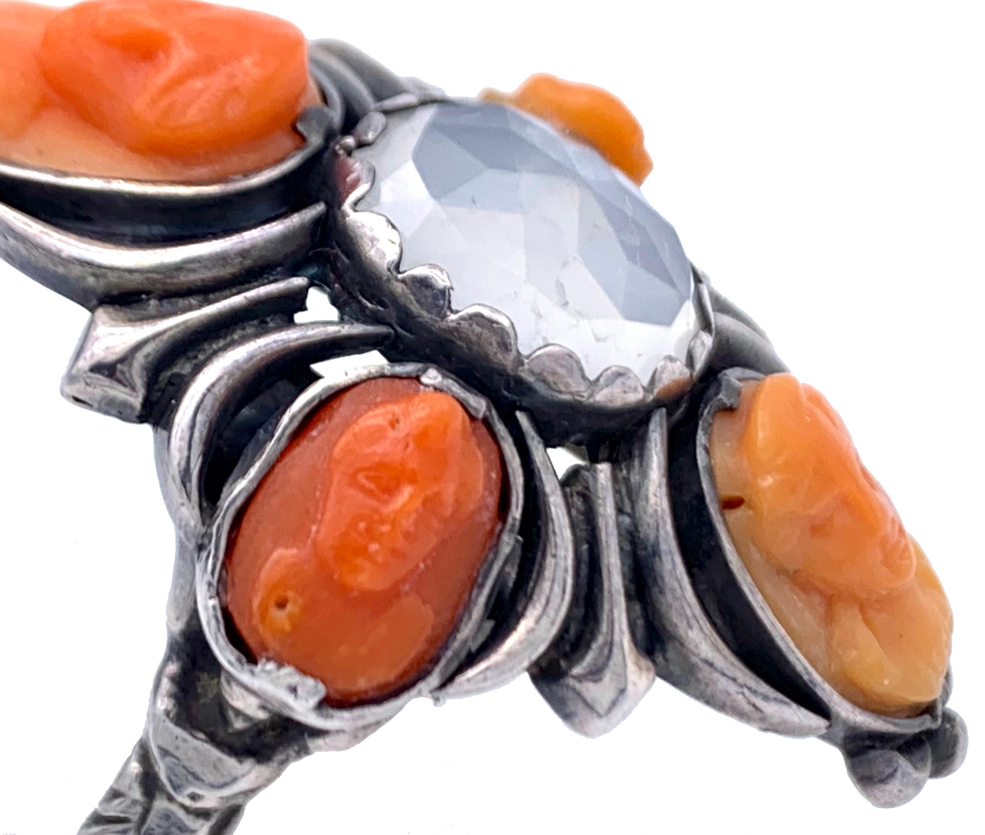 Women's or Men's Antique Ring Cariatides Cameos Chalcedony Corallium Rubrum Silver For Sale