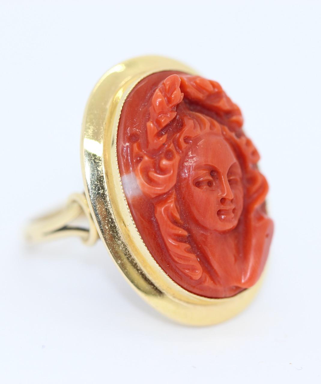 Women's Antique Ring, Coral Cameo, 18 Karat Gold, Female Portrait For Sale