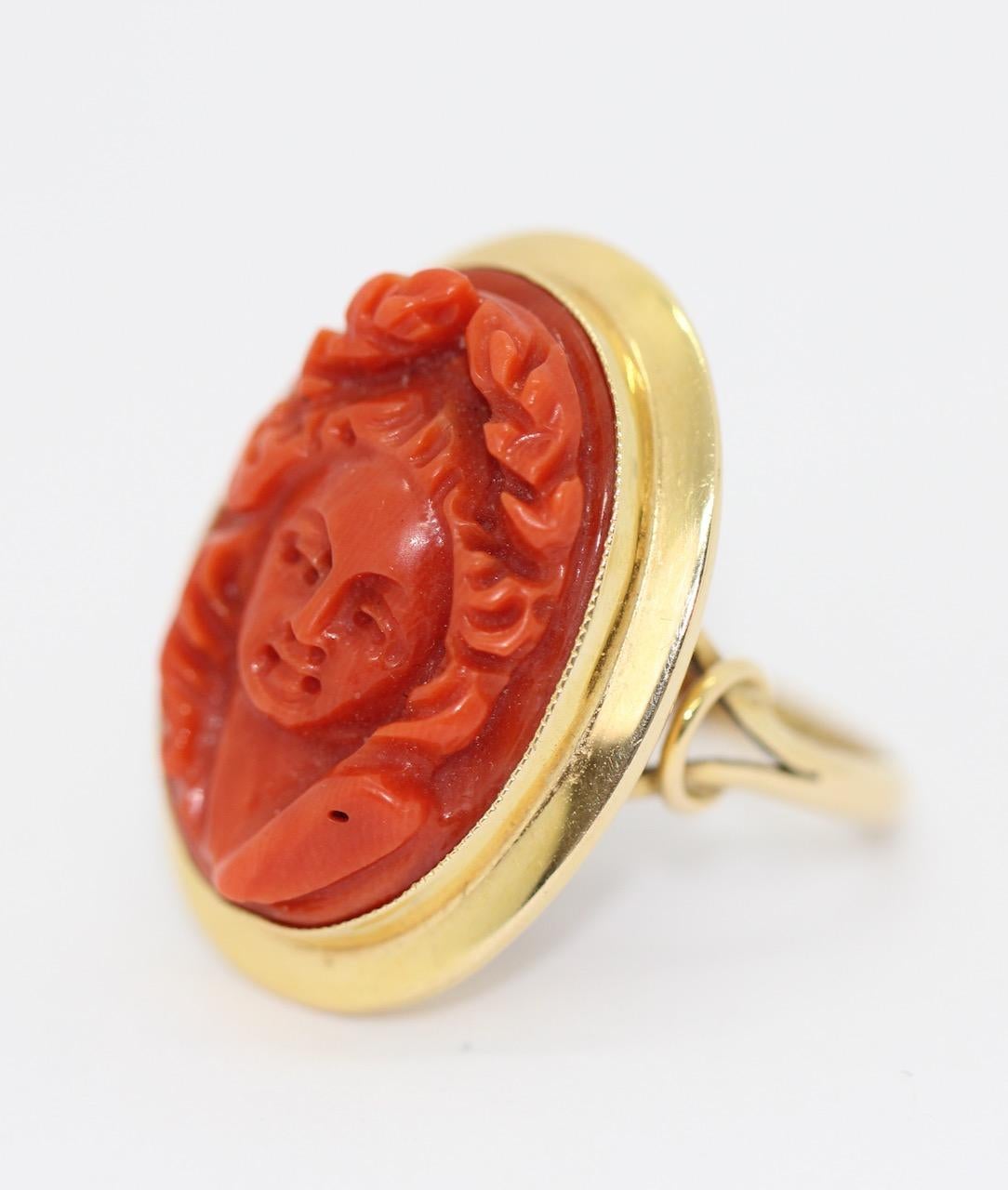Antique Ring, Coral Cameo, 18 Karat Gold, Female Portrait For Sale 1