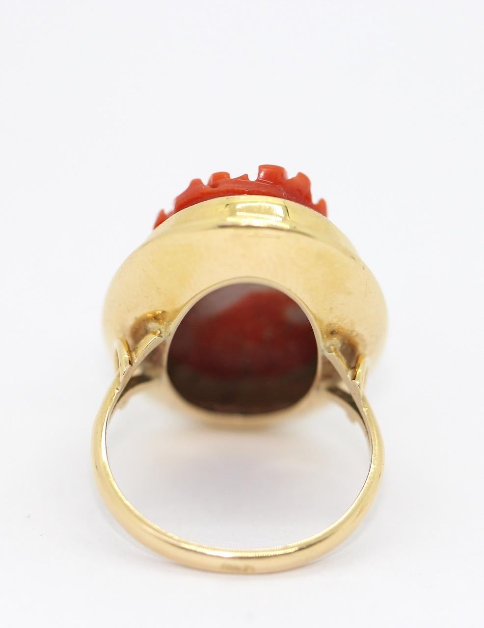 Antique Ring, Coral Cameo, 18 Karat Gold, Female Portrait For Sale 2
