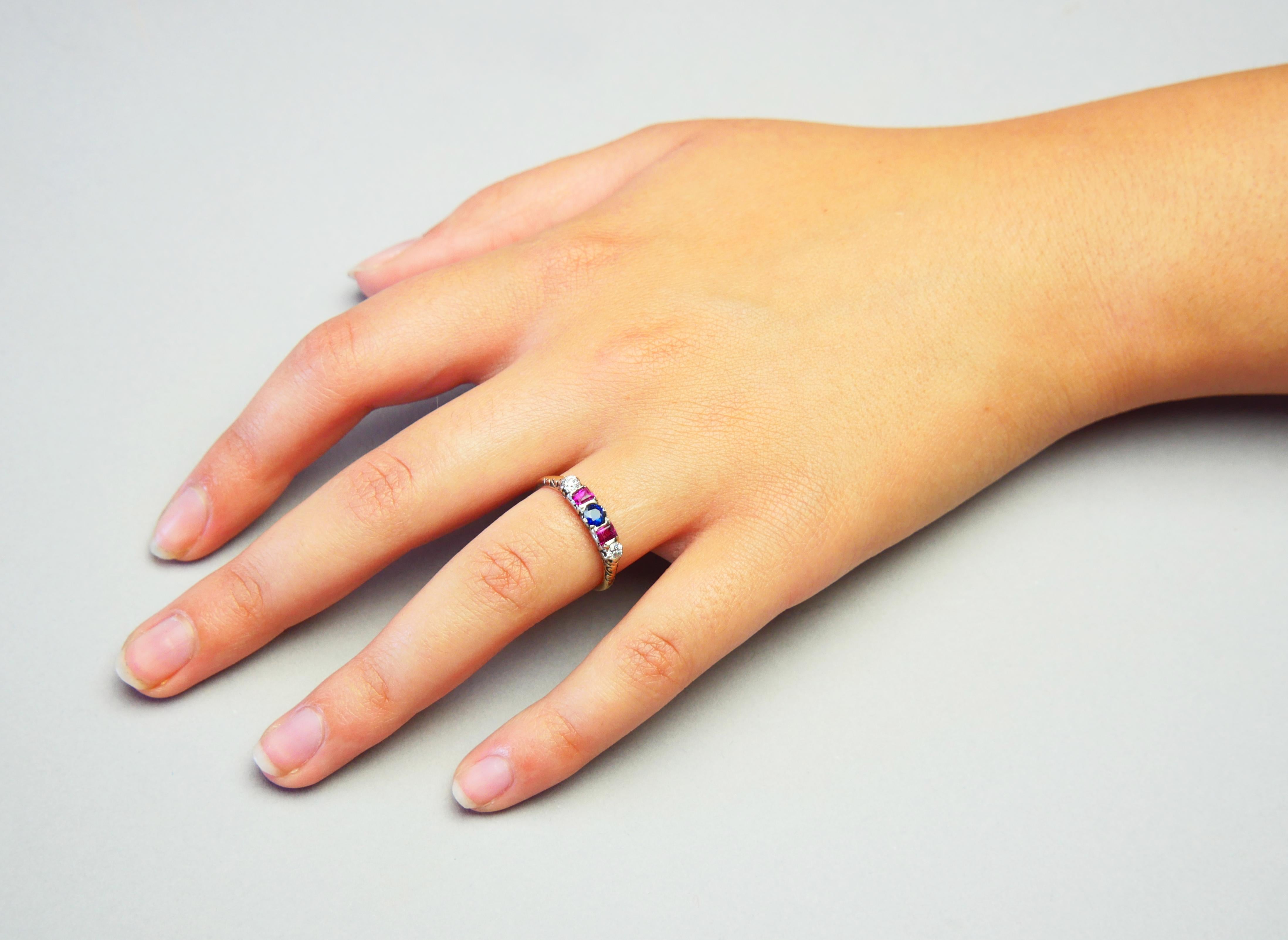Women's Antique Ring Diamond Ruby Sapphire solid 18K Gold ØUS8/ 2.5gr For Sale