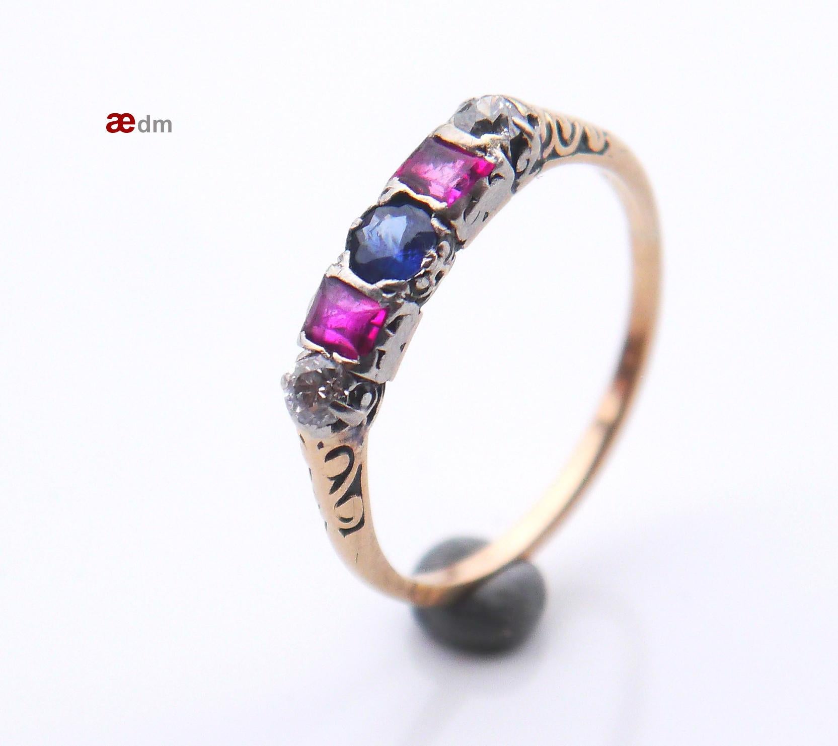 Antique Ring Diamond Ruby Sapphire solid 18K Gold ØUS8/ 2.5gr For Sale 1