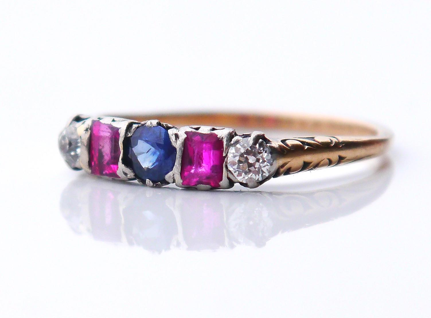 Antique Ring Diamond Ruby Sapphire solid 18K Gold ØUS8/ 2.5gr For Sale 4