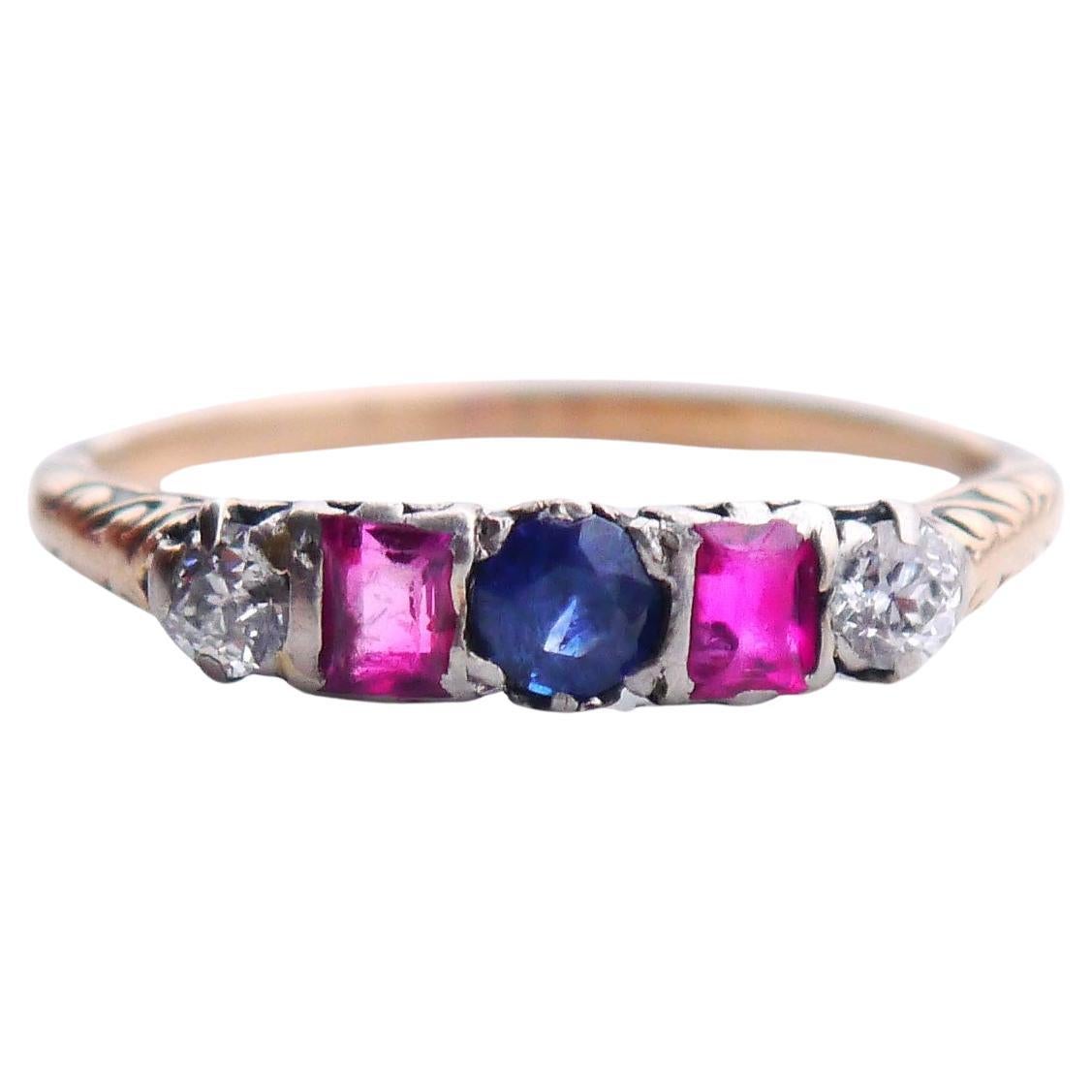 Antique Ring Diamond Ruby Sapphire solid 18K Gold ØUS8/ 2.5gr For Sale