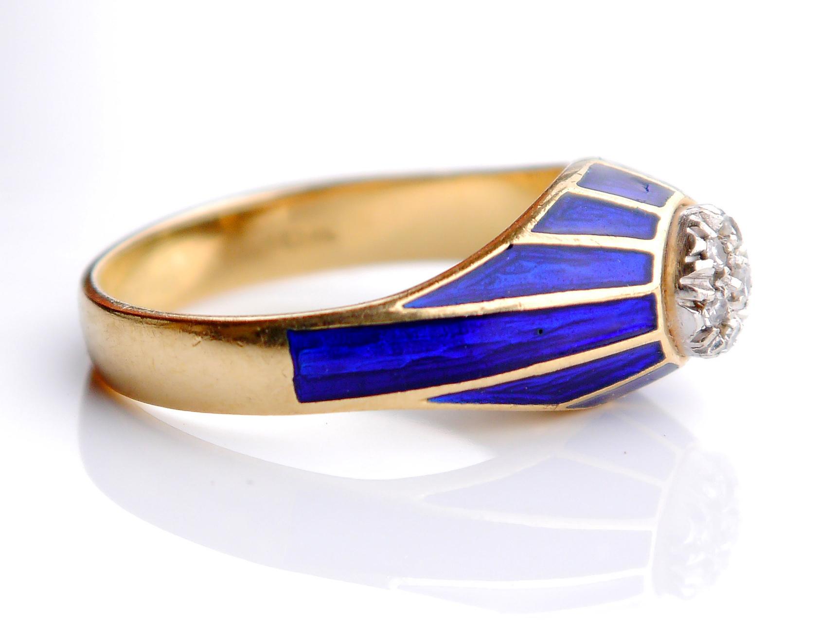 Antique Ring Diamonds Blue Enamel solid 18k Gold Ø 6US /5.2gr For Sale 5