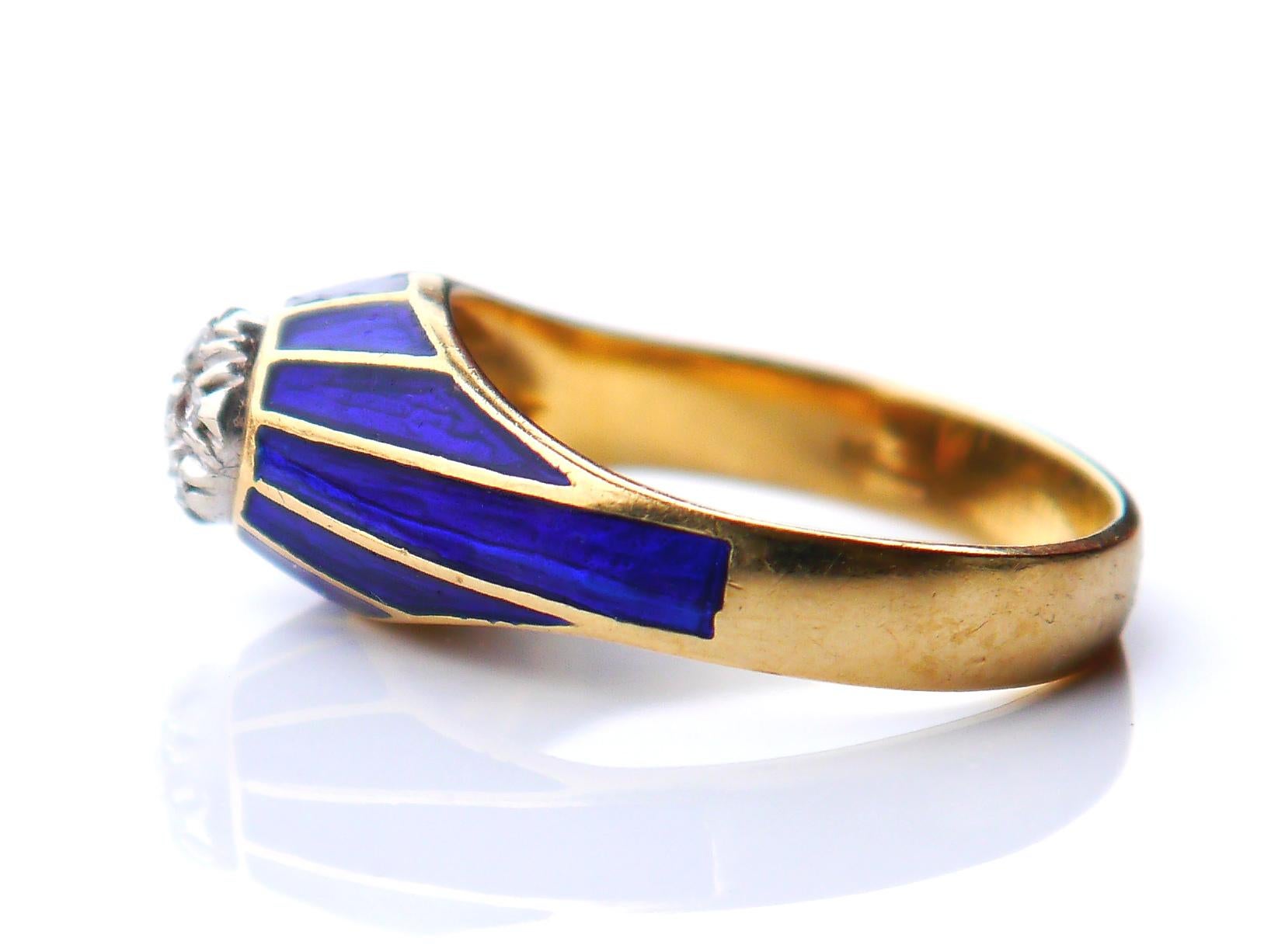 Arts and Crafts Antique Ring Diamonds Blue Enamel solid 18k Gold Ø 6US /5.2gr For Sale