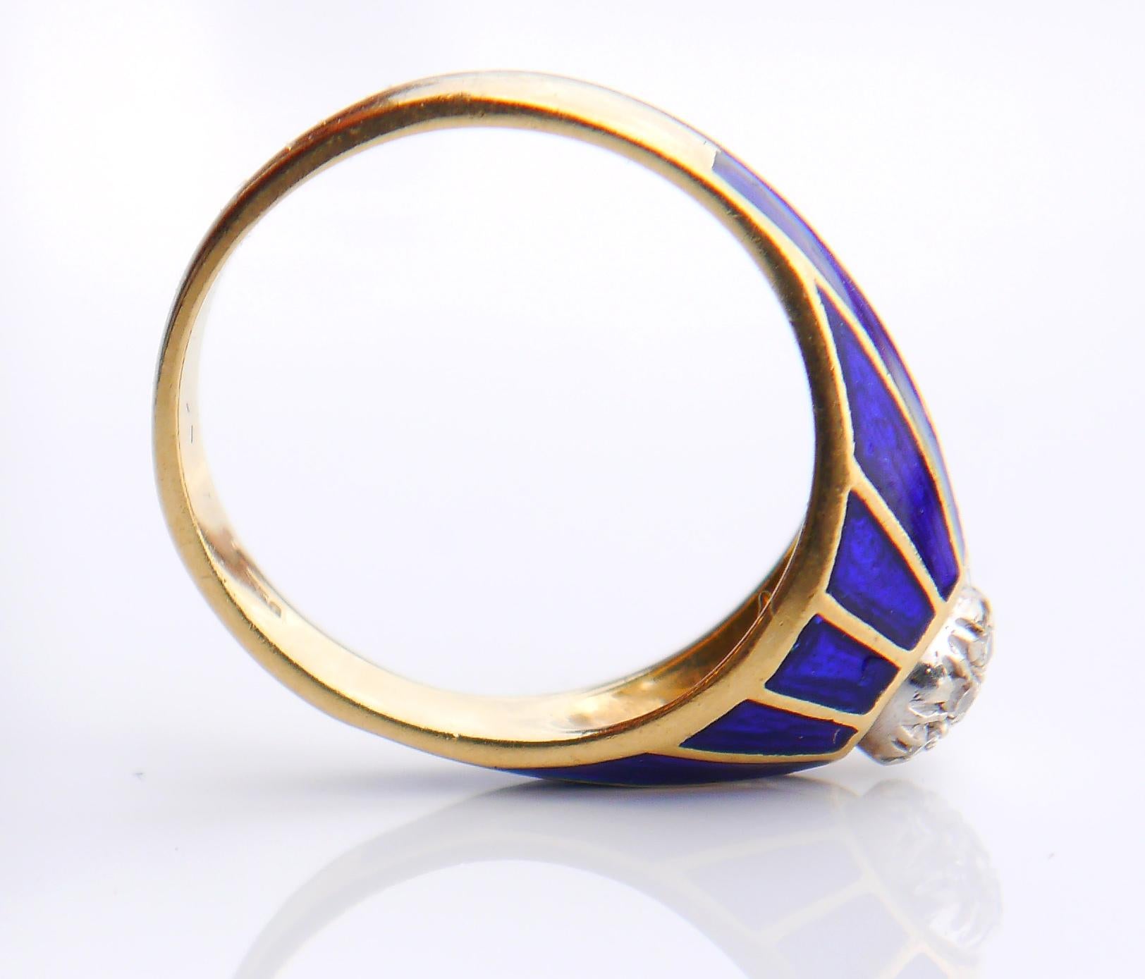 Antique Ring Diamonds Blue Enamel solid 18k Gold Ø 6US /5.2gr For Sale 4