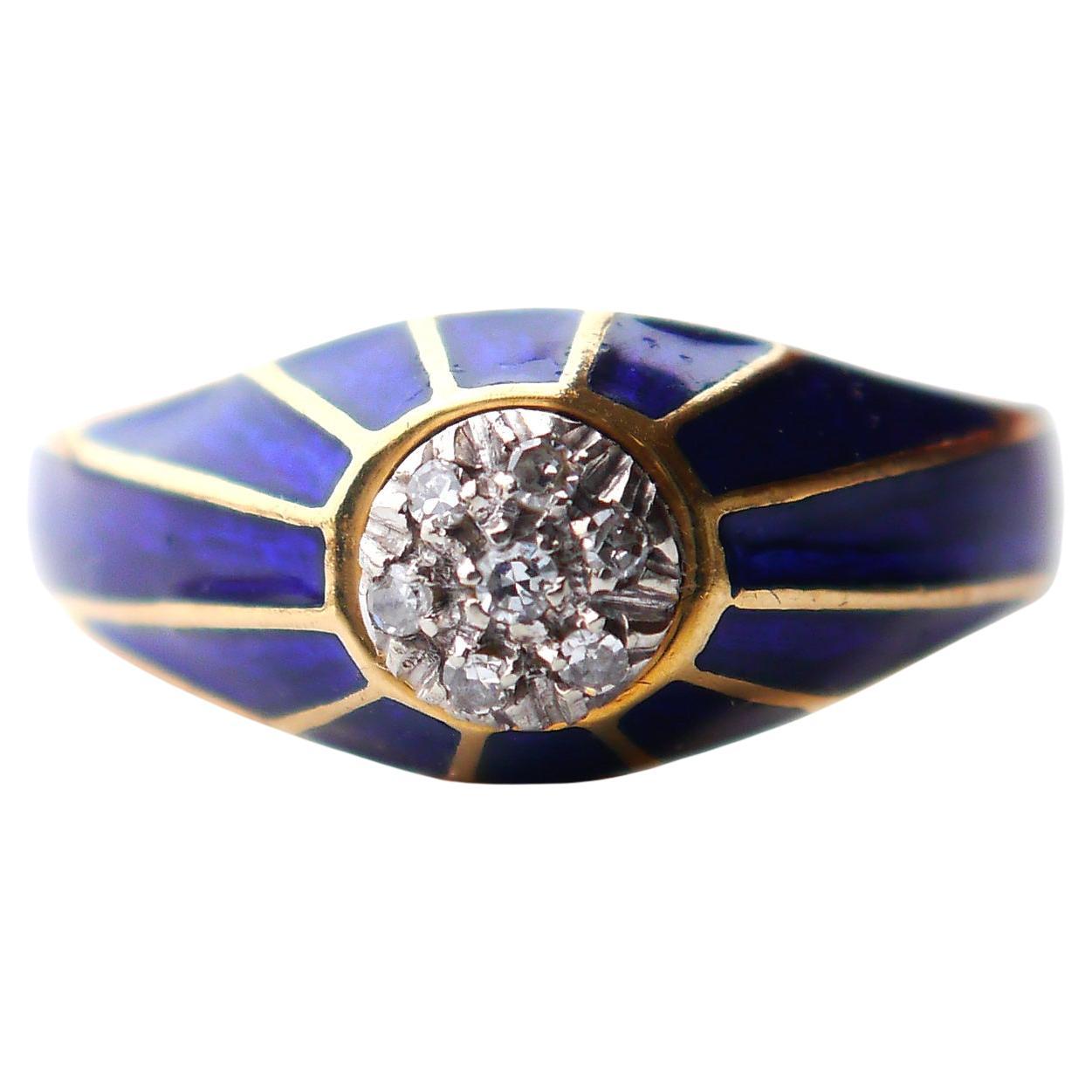 Antiker Ring Diamanten Blau Emaille massiv 18k Gold Ø 6US /5.2gr