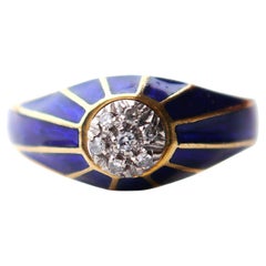 Vintage Ring Diamonds Blue Enamel solid 18k Gold Ø 6US /5.2gr