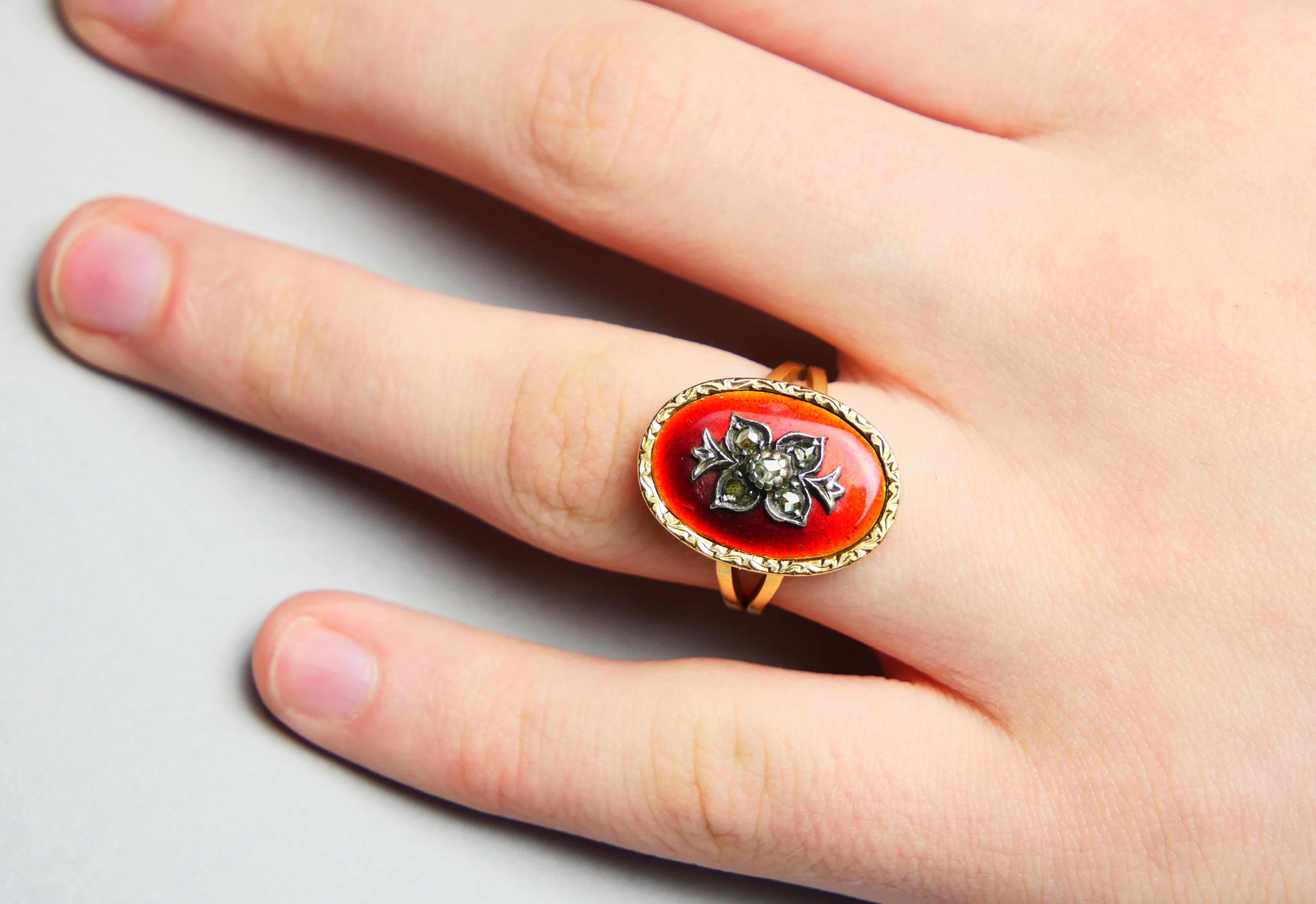 Antique Ring Diamonds Red Enamel 18K Gold Silver Ø 6.25 US/ 7.7gr For Sale 3