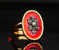 Antique Ring Diamonds Red Enamel 18K Gold Silver Ø 6.25 US/ 7.7gr