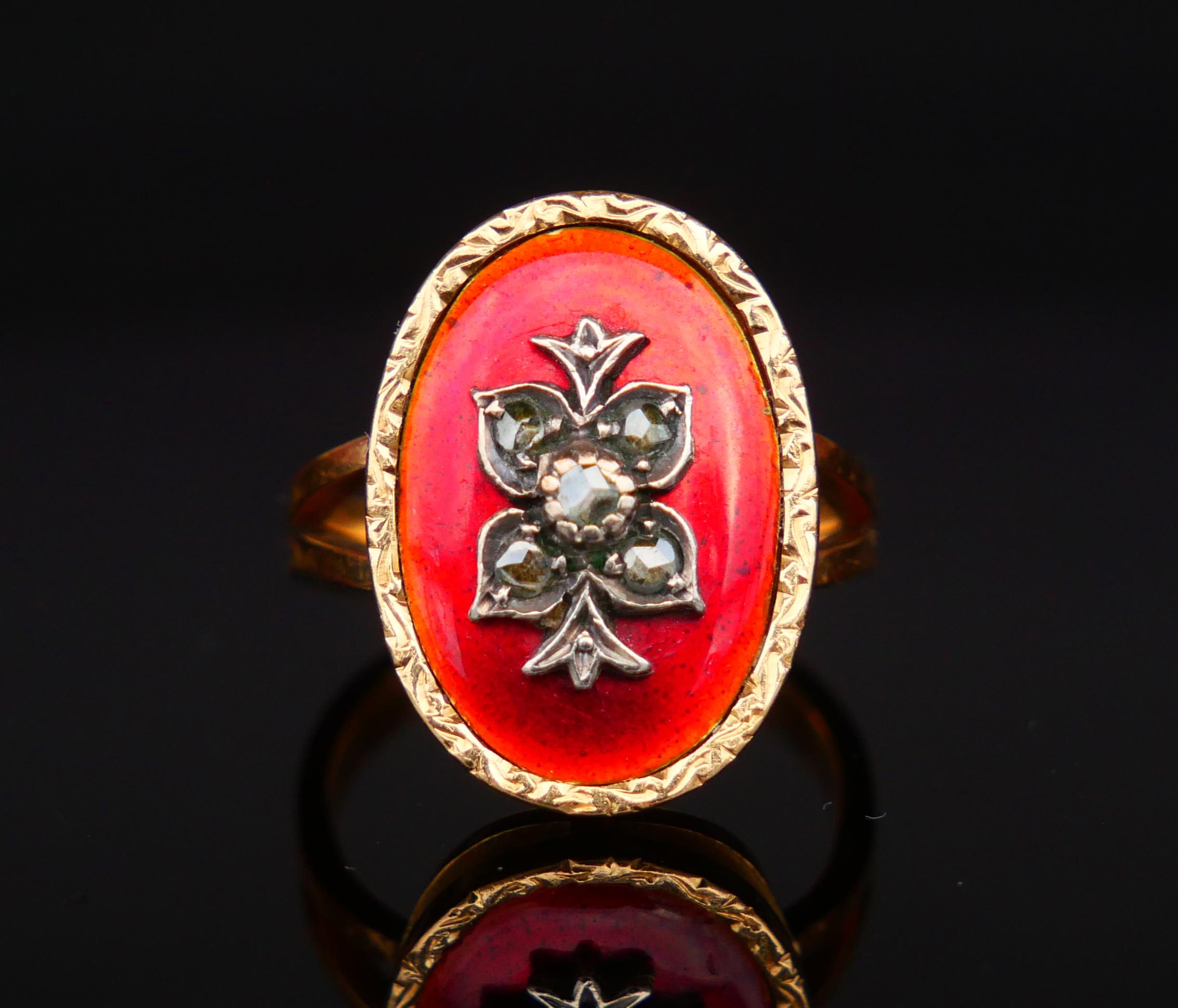 Antiker Ring Diamanten Rot Emaille 18K Gold Silber Ø 6.25 US/ 7.7gr (Art nouveau) im Angebot