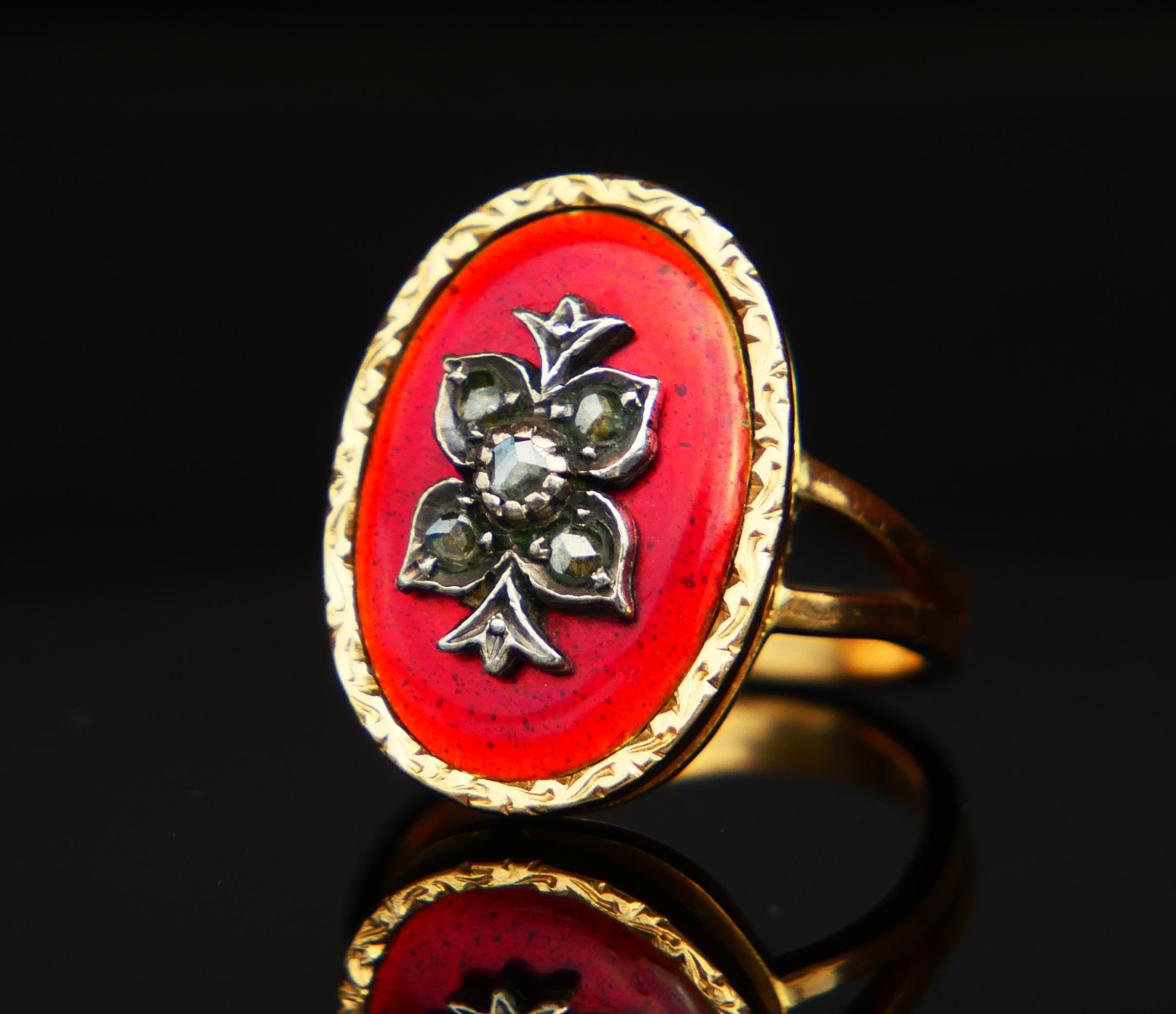 Antiker Ring Diamanten Rot Emaille 18K Gold Silber Ø 6.25 US/ 7.7gr (Rosenschliff) im Angebot