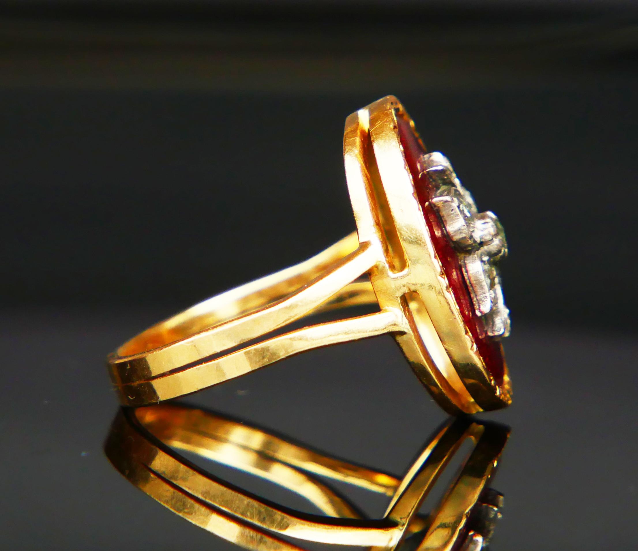 Antiker Ring Diamanten Rot Emaille 18K Gold Silber Ø 6.25 US/ 7.7gr Damen im Angebot