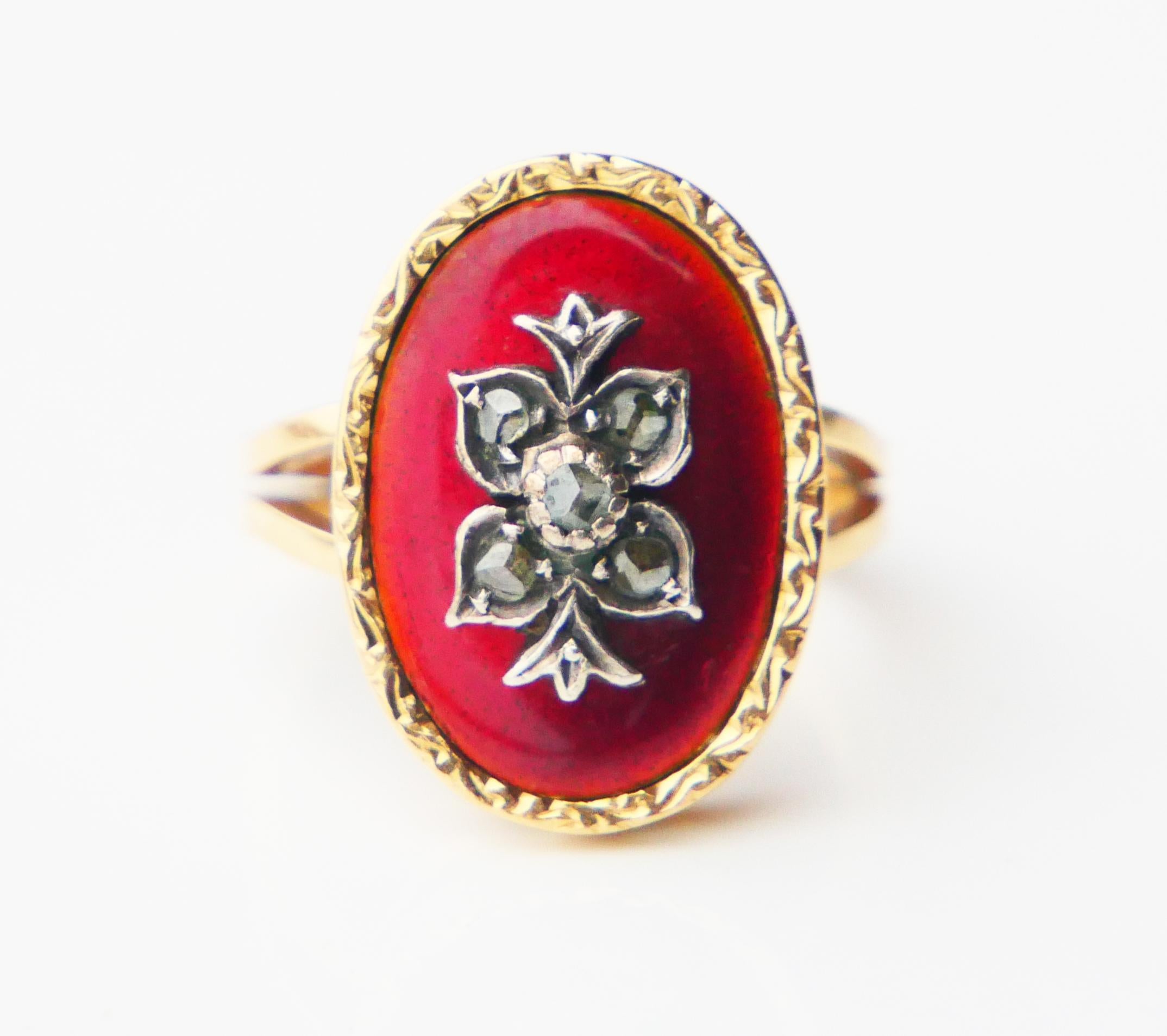 Antiker Ring Diamanten Rot Emaille 18K Gold Silber Ø 6.25 US/ 7.7gr im Angebot 1