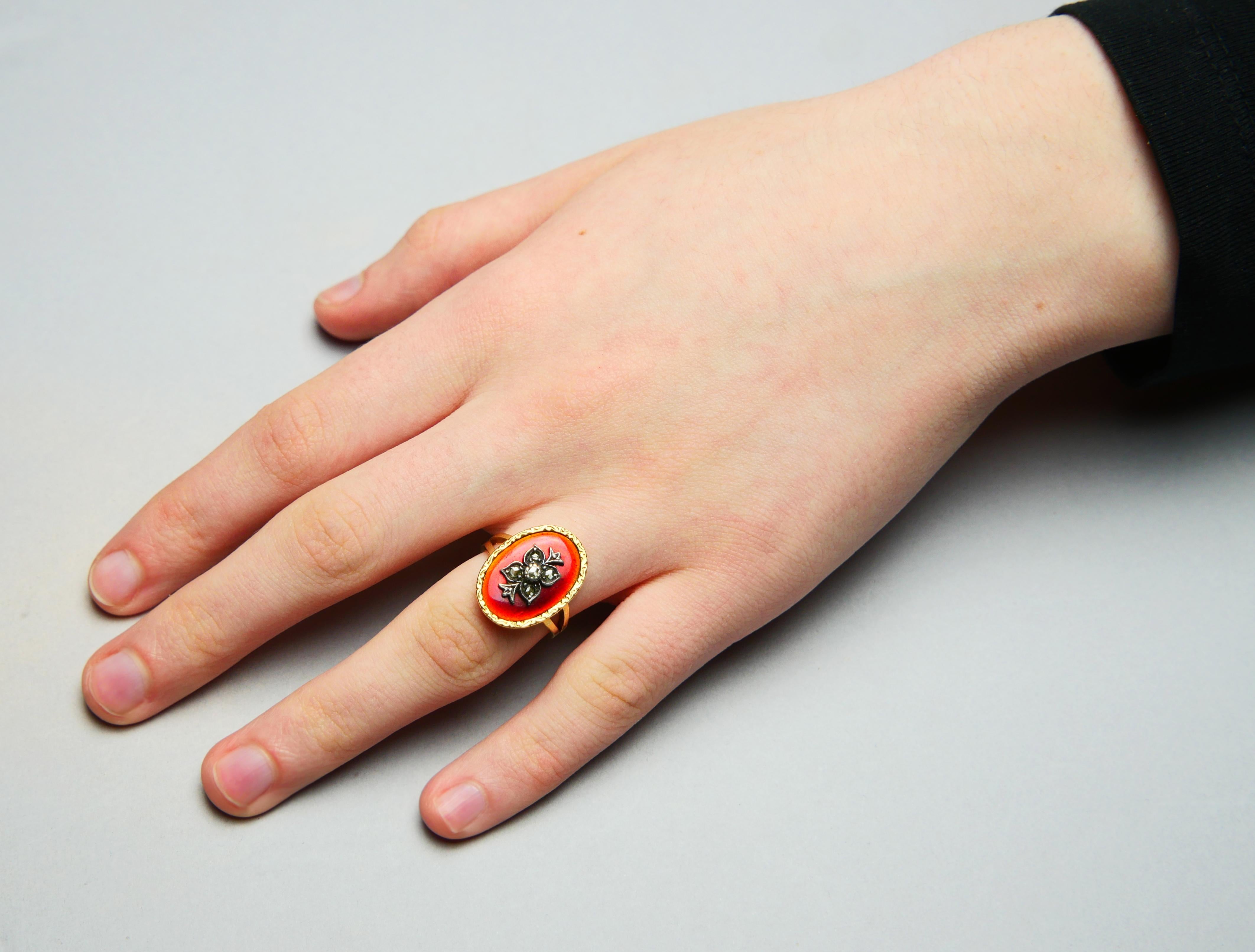 Antique Ring Diamonds Red Enamel 18K Gold Silver Ø 6.25 US/ 7.7gr For Sale 2