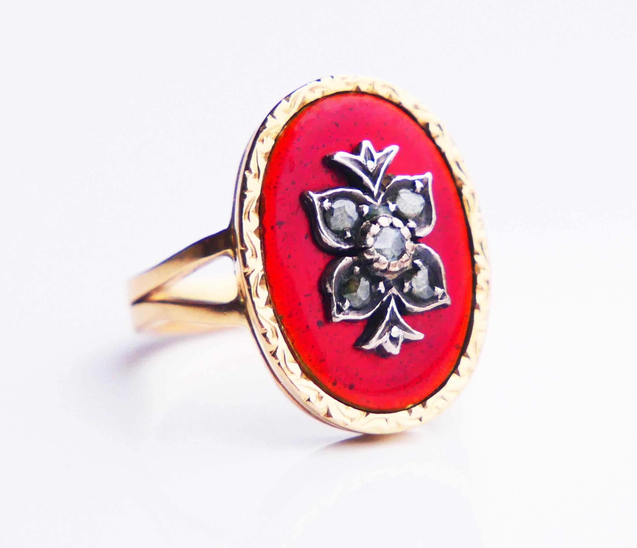 Antiker Ring Diamanten Rot Emaille 18K Gold Silber Ø 6.25 US/ 7.7gr im Angebot 3