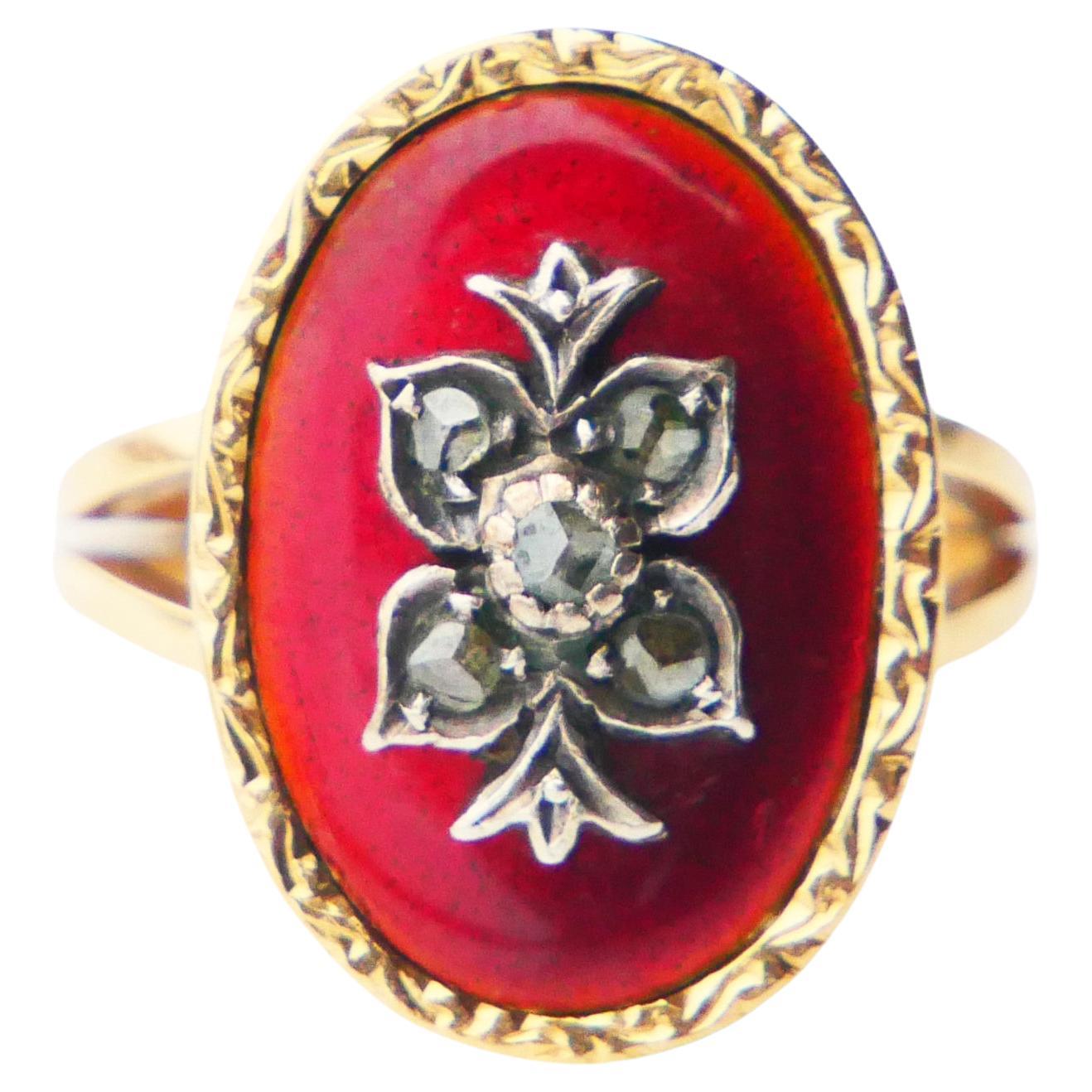 Antiker Ring Diamanten Rot Emaille 18K Gold Silber Ø 6.25 US/ 7.7gr im Angebot