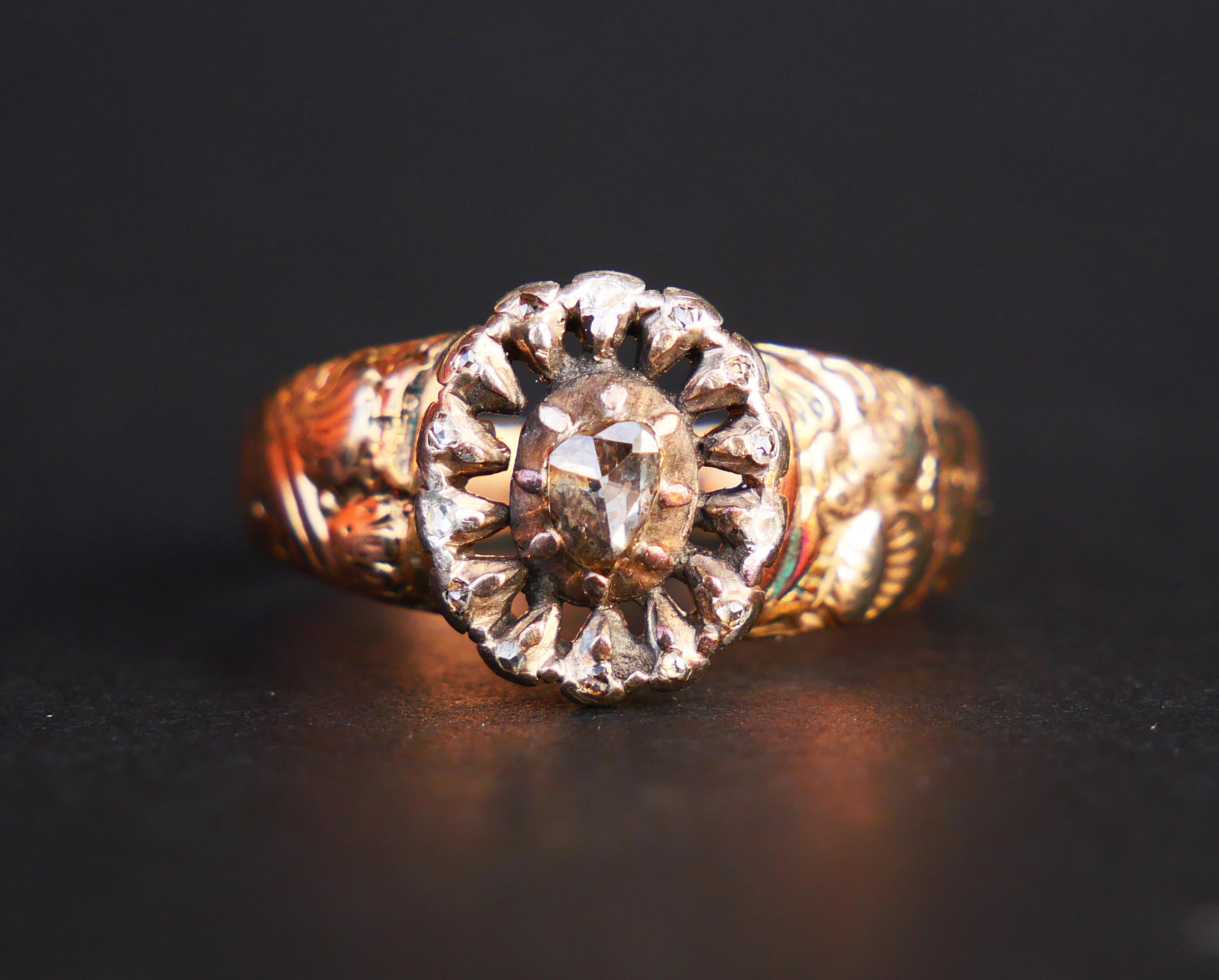 Antique Ring Diamonds solid 14K Rose Gold Silver Ø8US/ 3.7gr For Sale 6