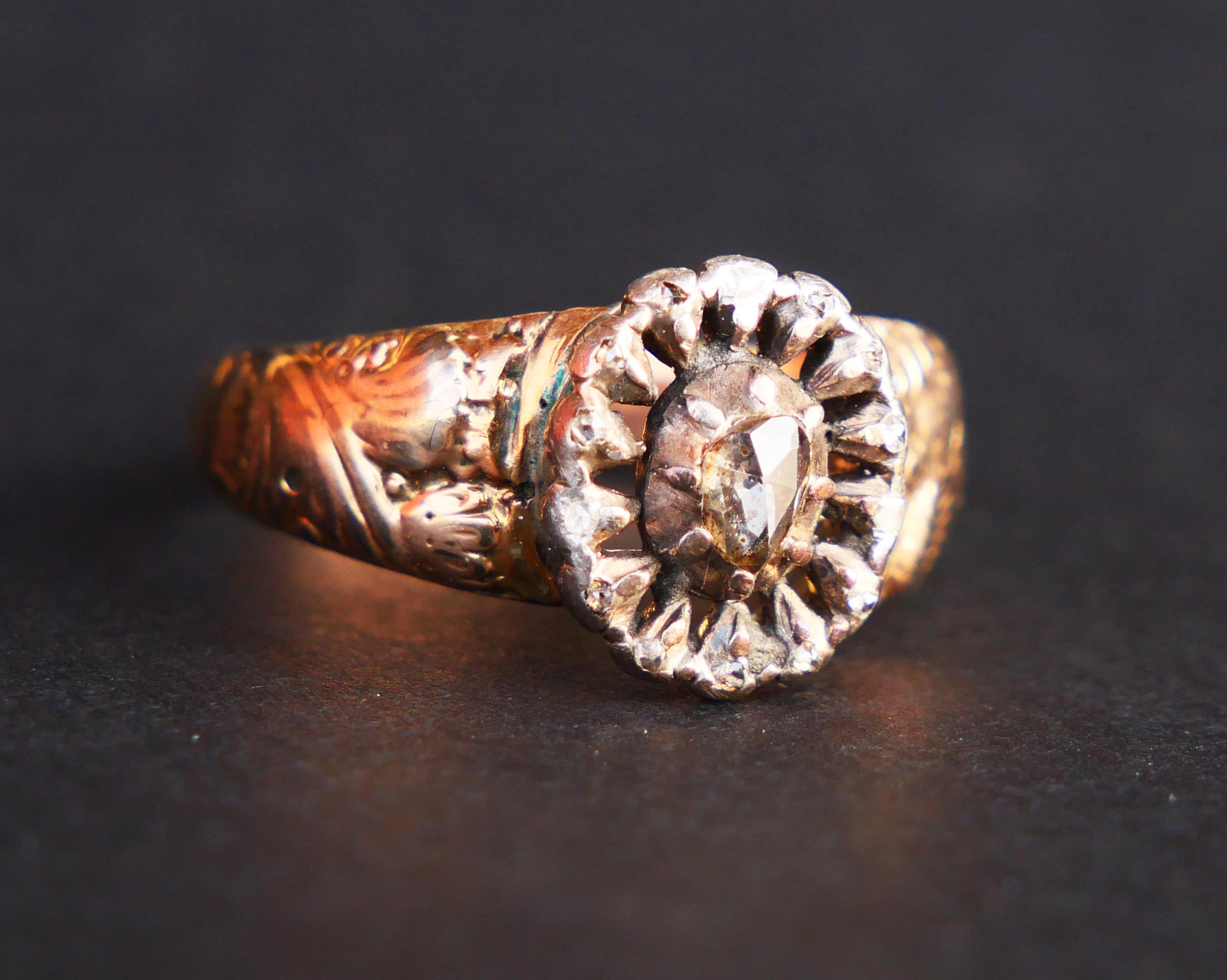 Antique Ring Diamonds solid 14K Rose Gold Silver Ø8US/ 3.7gr For Sale 7