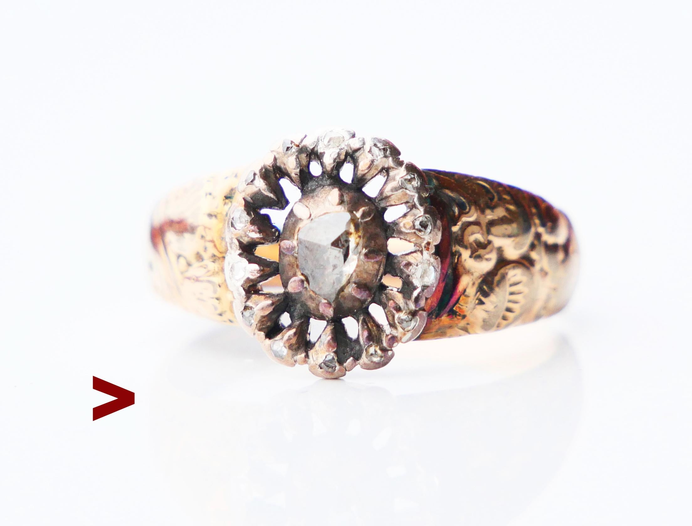 
Old Diamond Ring, likely dates to late 19th- early 20th century. No hallmarks.

Hollow band in solid 14K Rose Gold , floral ornamentation on the band. Openwork Crown 11mm x 10 mm x 4 mm deep with top part in Silver holds 15 rose cut Diamonds,