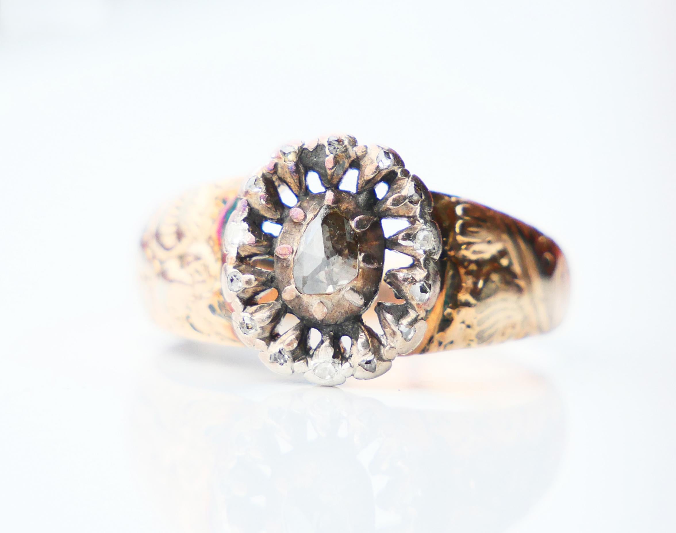 Art Nouveau Antique Ring Diamonds solid 14K Rose Gold Silver Ø8US/ 3.7gr For Sale