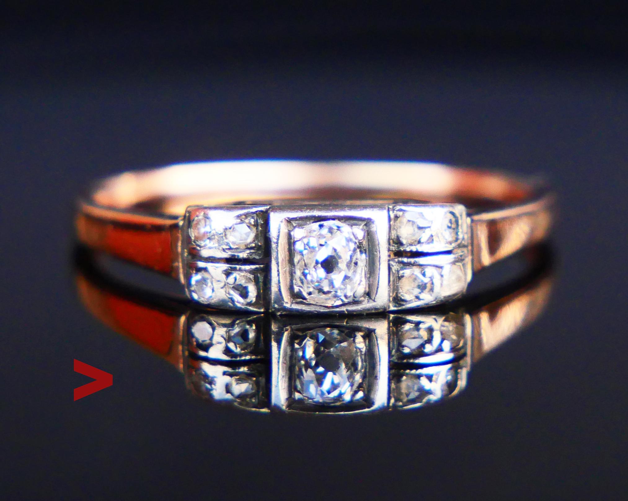 European Ring from ca. 1920s -1930s with crown in White Gold on 14K Rose Gold band.

Nine Diamonds : largest is bezel set old European oval cut Diamond Ø 3.5 mm x 3 mm x 2.66 mm deep / ca.0.25ct + 8 minor rose cut and old diamond cut Diamonds Ø 1.25